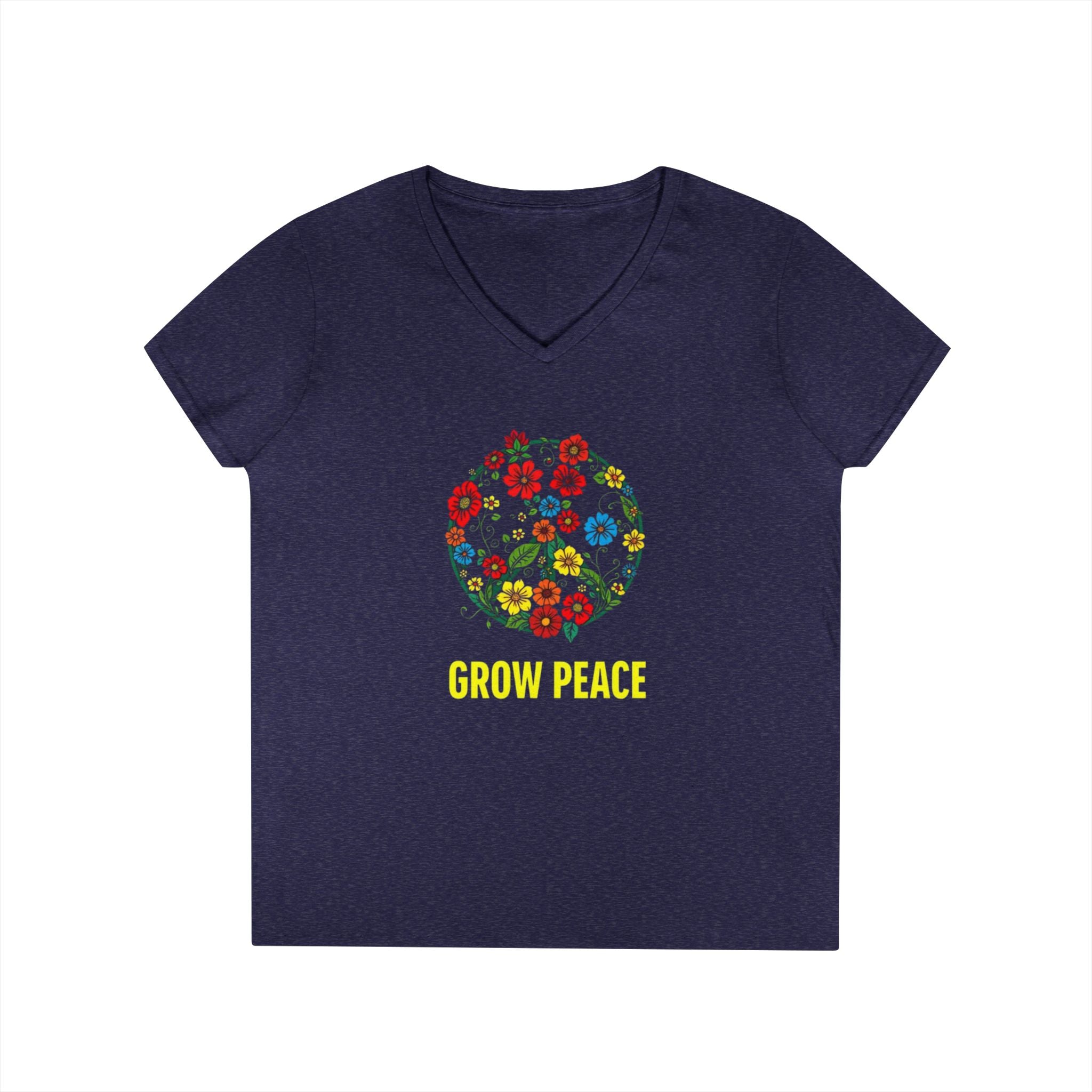 Ladies' V-Neck T-Shirt - "Grow Peace" Floral Design