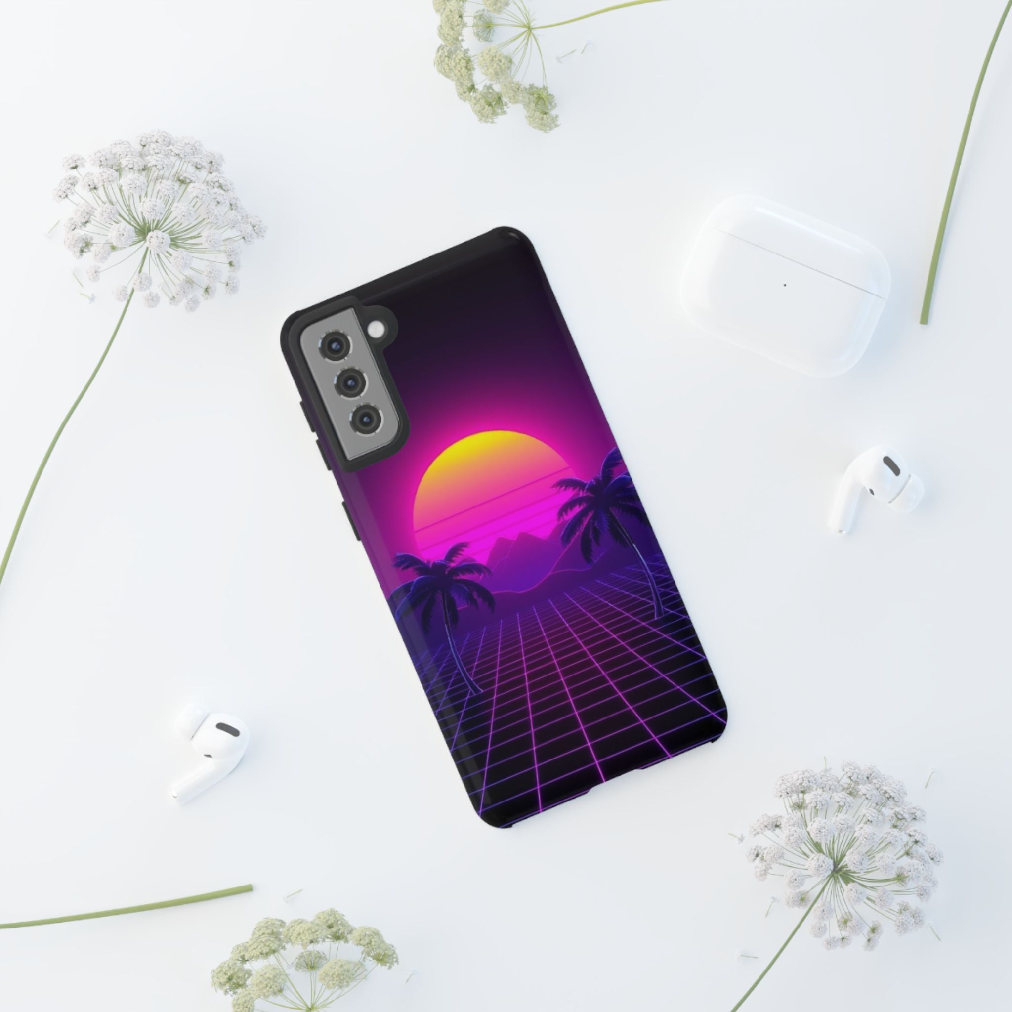 Android OR iPhone Compatible Cases - 80's Digital Grid Sunset Design - Unique Tough Cases