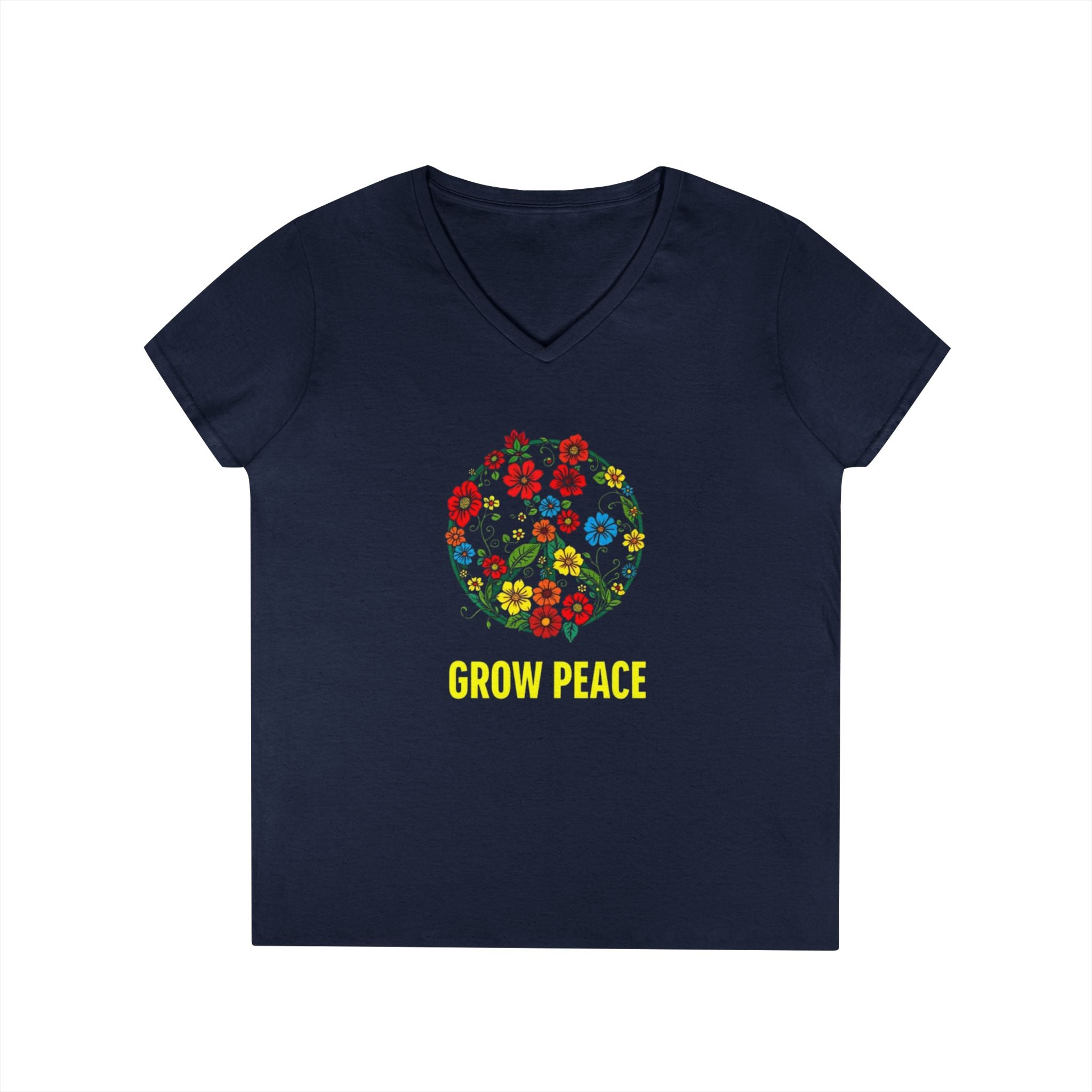 Ladies' V-Neck T-Shirt - "Grow Peace" Floral Design