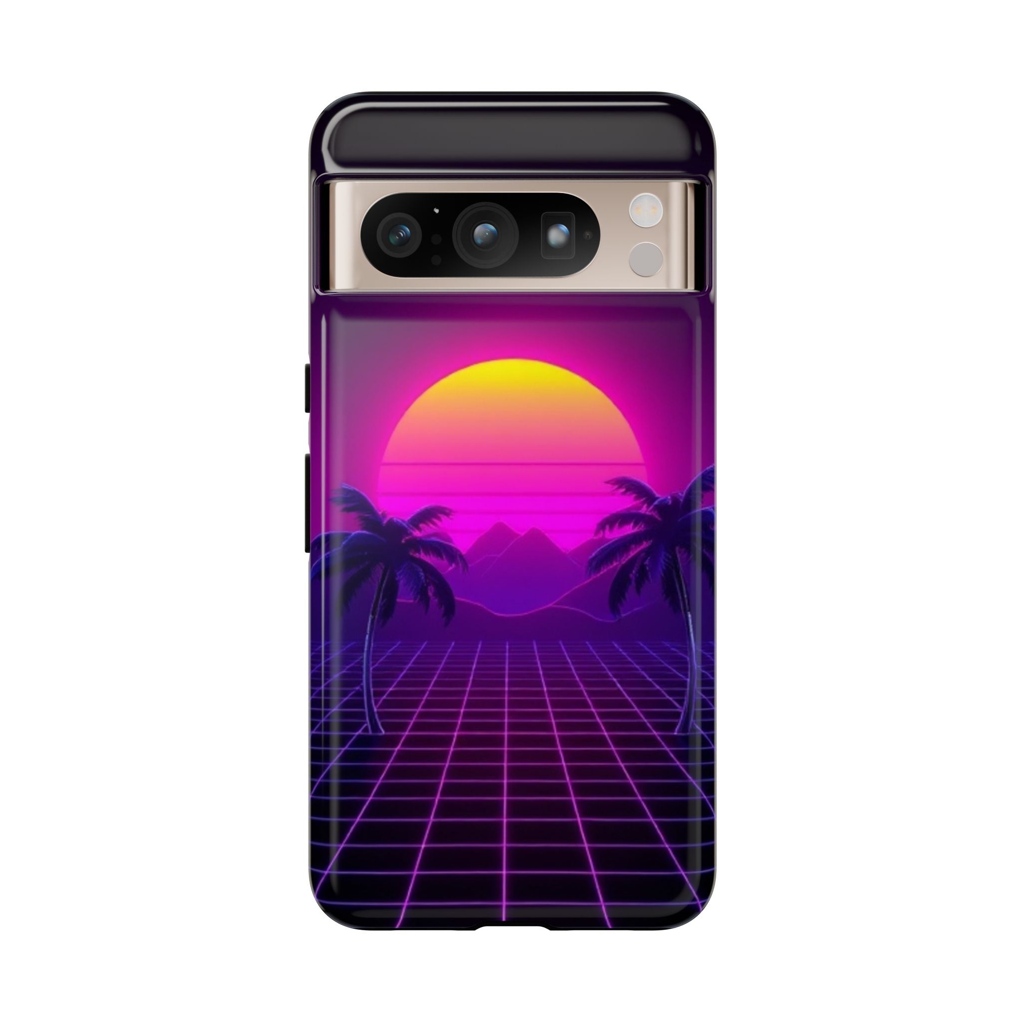 Android OR iPhone Compatible Cases - 80's Digital Grid Sunset Design - Unique Tough Cases