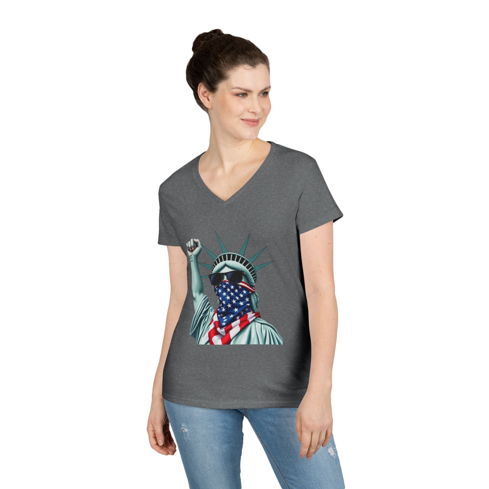 Patriotic Ladies' V-Neck T-Shirt - Resist Statue of Liberty Design
