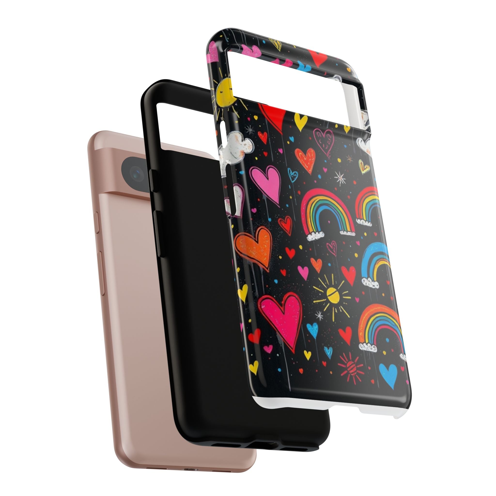 Android OR iPhone Compatible Cases - Doodle Hearts and Rainbows Design