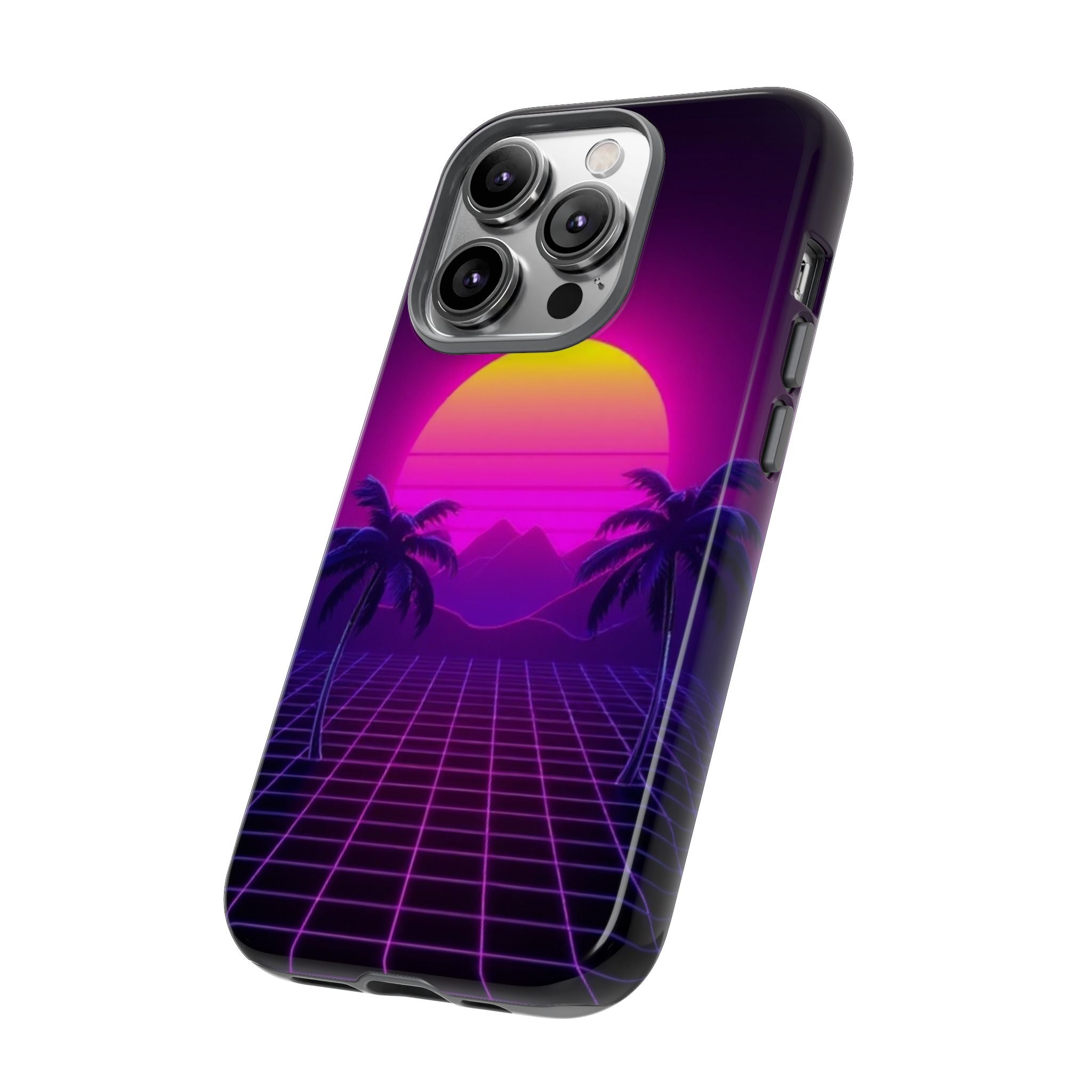 Android OR iPhone Compatible Cases - 80's Digital Grid Sunset Design - Unique Tough Cases