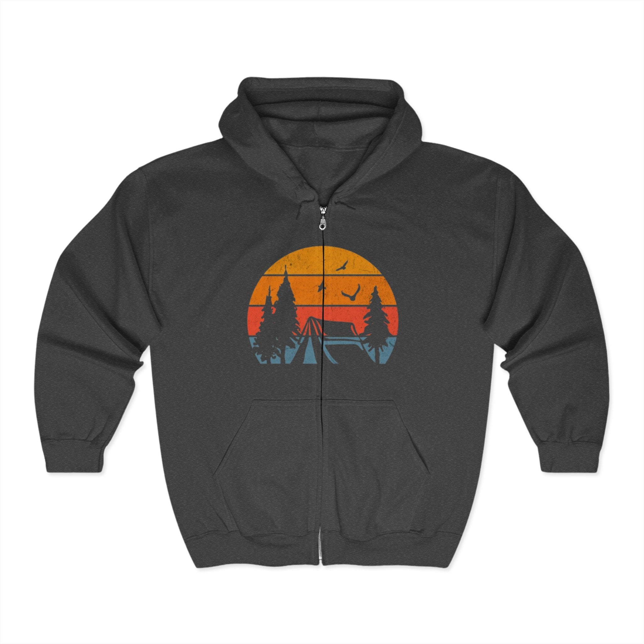 Camping Scene Hoodie, Outdoor Adventure Sweatshirt, Nature Lover Gift, Full Zip Hooded Jacket, Men Women Unisex Clothing