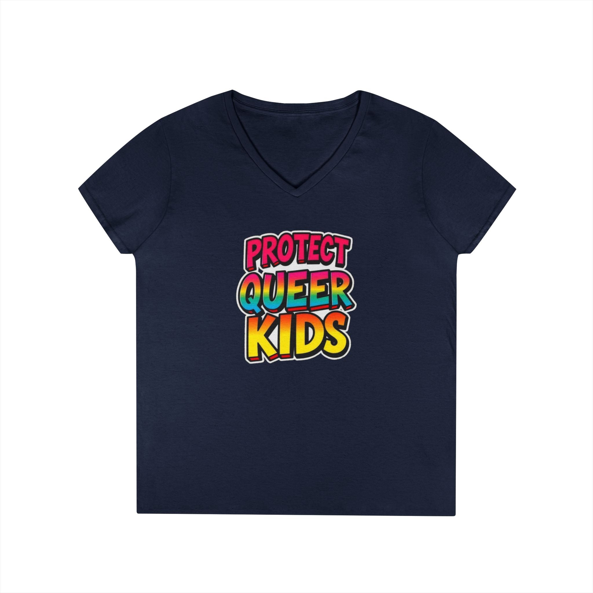 V-Neck T-Shirt: 'Protect Queer Kids' Design