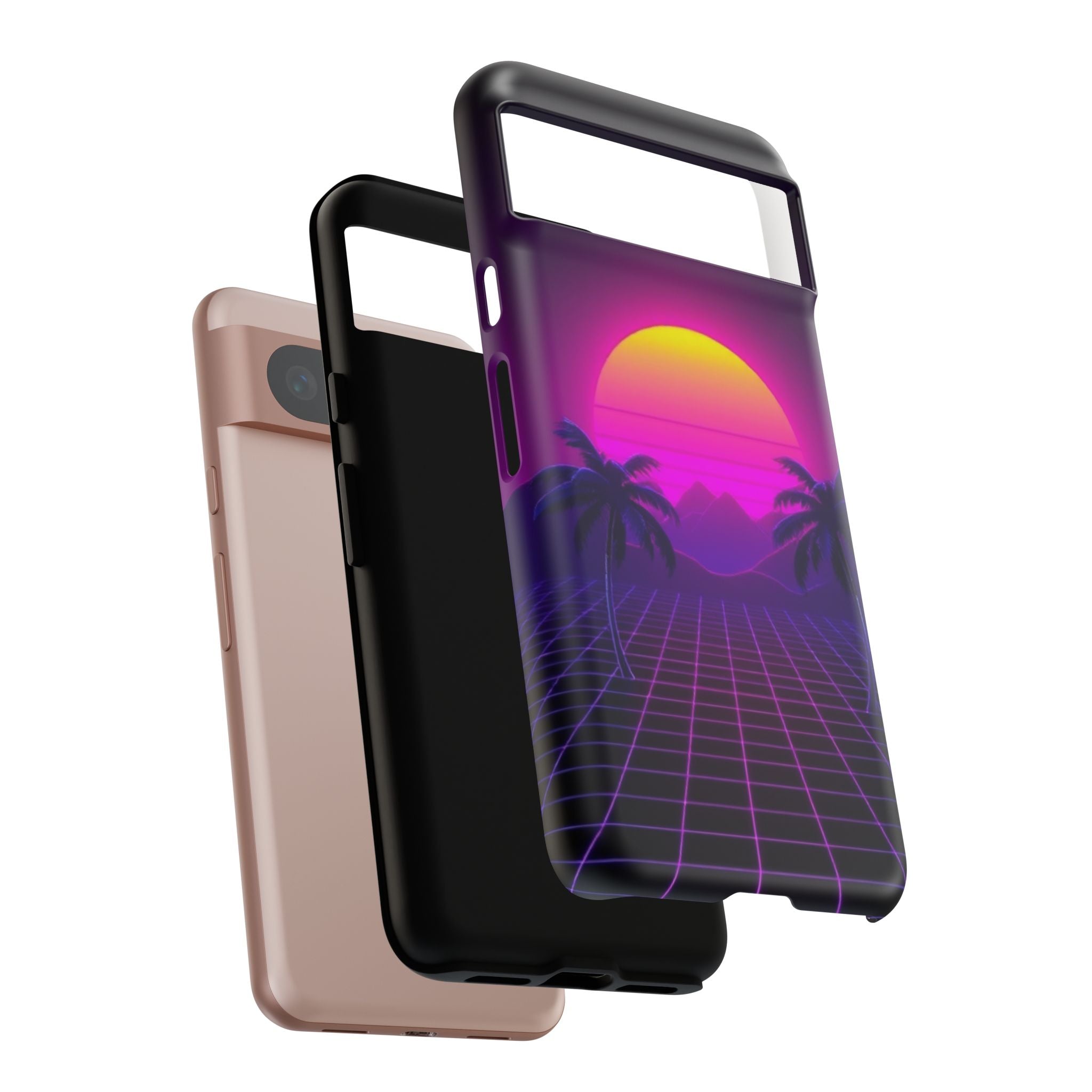Android OR iPhone Compatible Cases - 80's Digital Grid Sunset Design - Unique Tough Cases