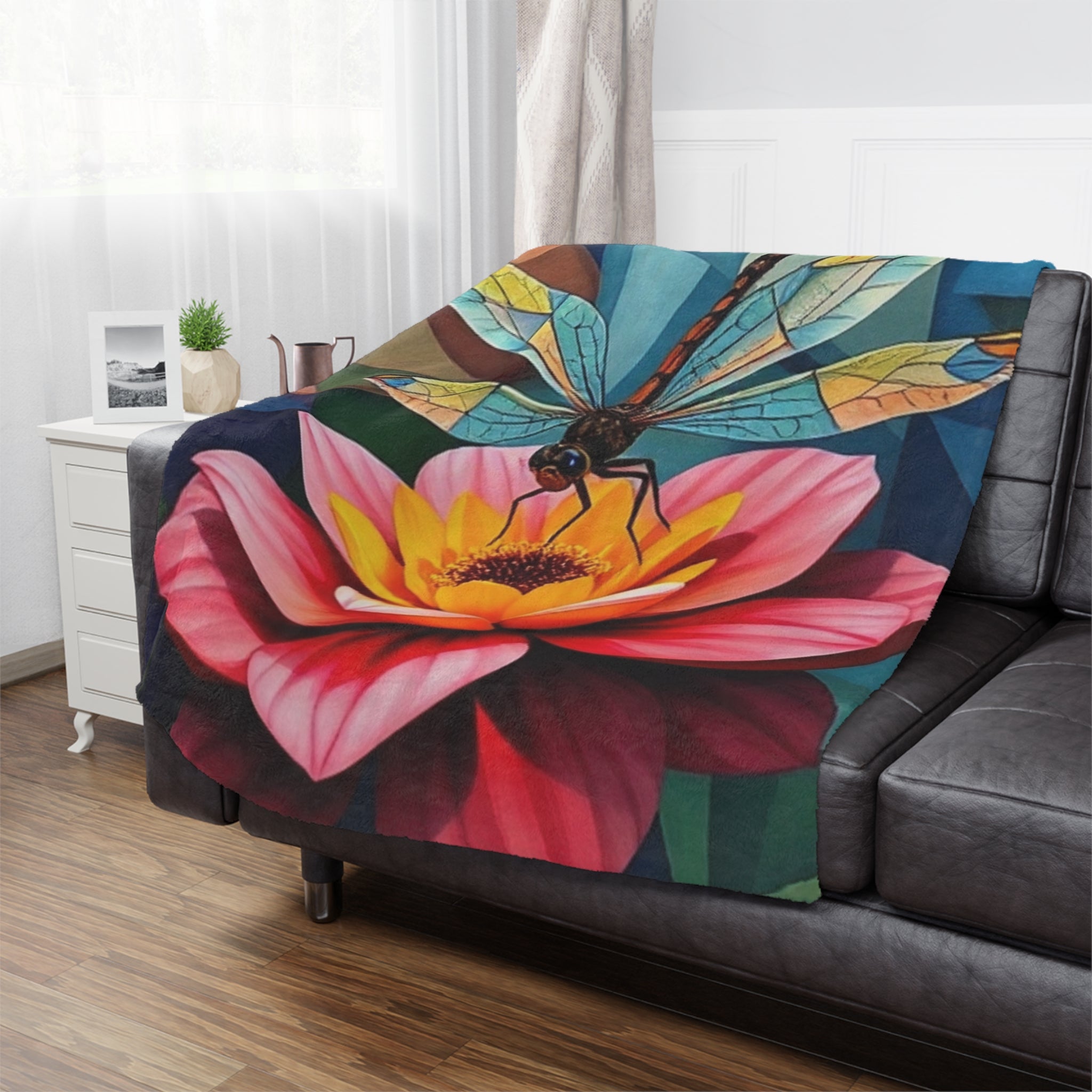 Microfiber Blanket - Dragon fly on Pink Flower Art, Warm Comfortable Beautiful Gift, Soft Cozy Throw, Home Decor Accent, Nature Inspired