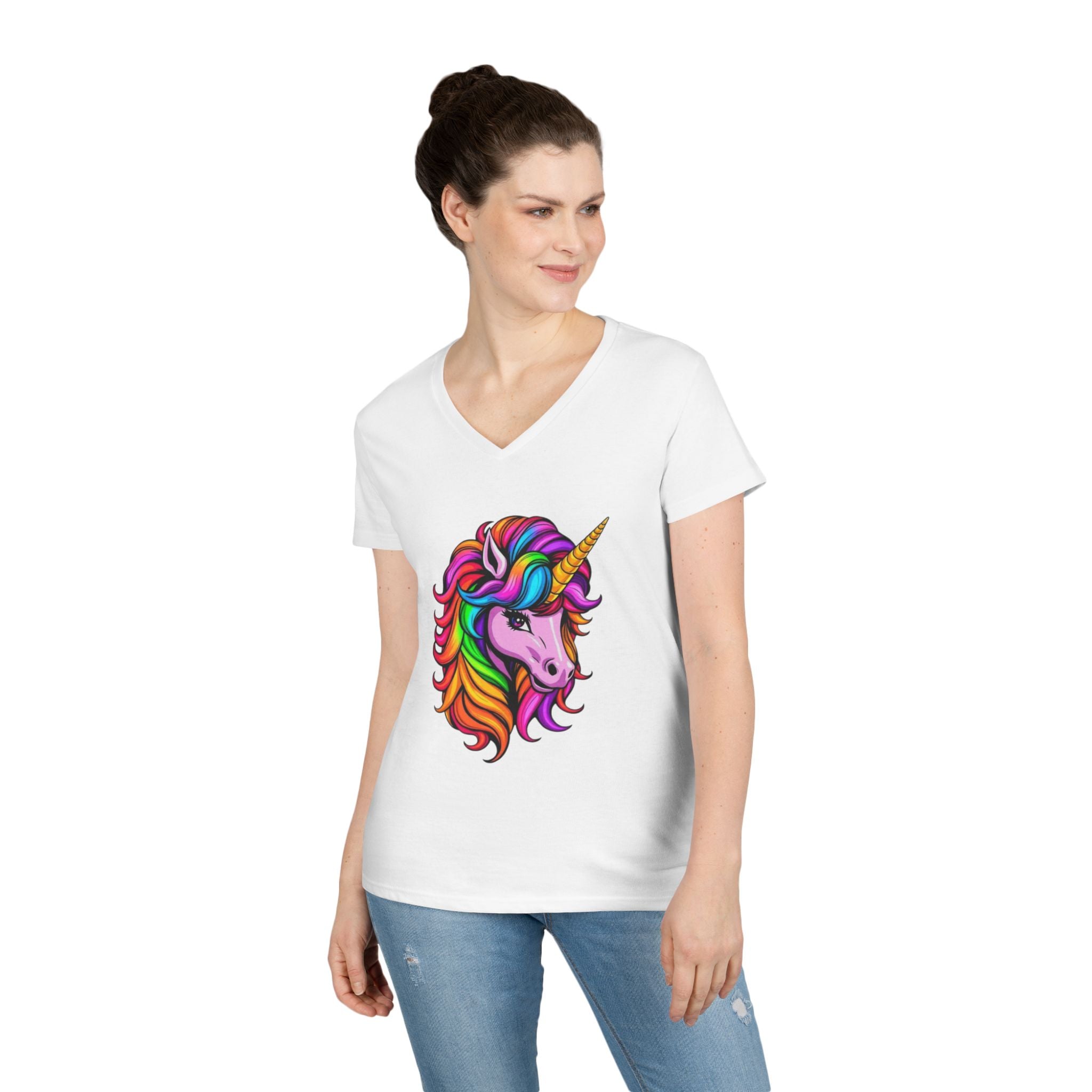 Rainbow Unicorn Ladies' V-Neck T-Shirt | Fun Graphic Tee for Women