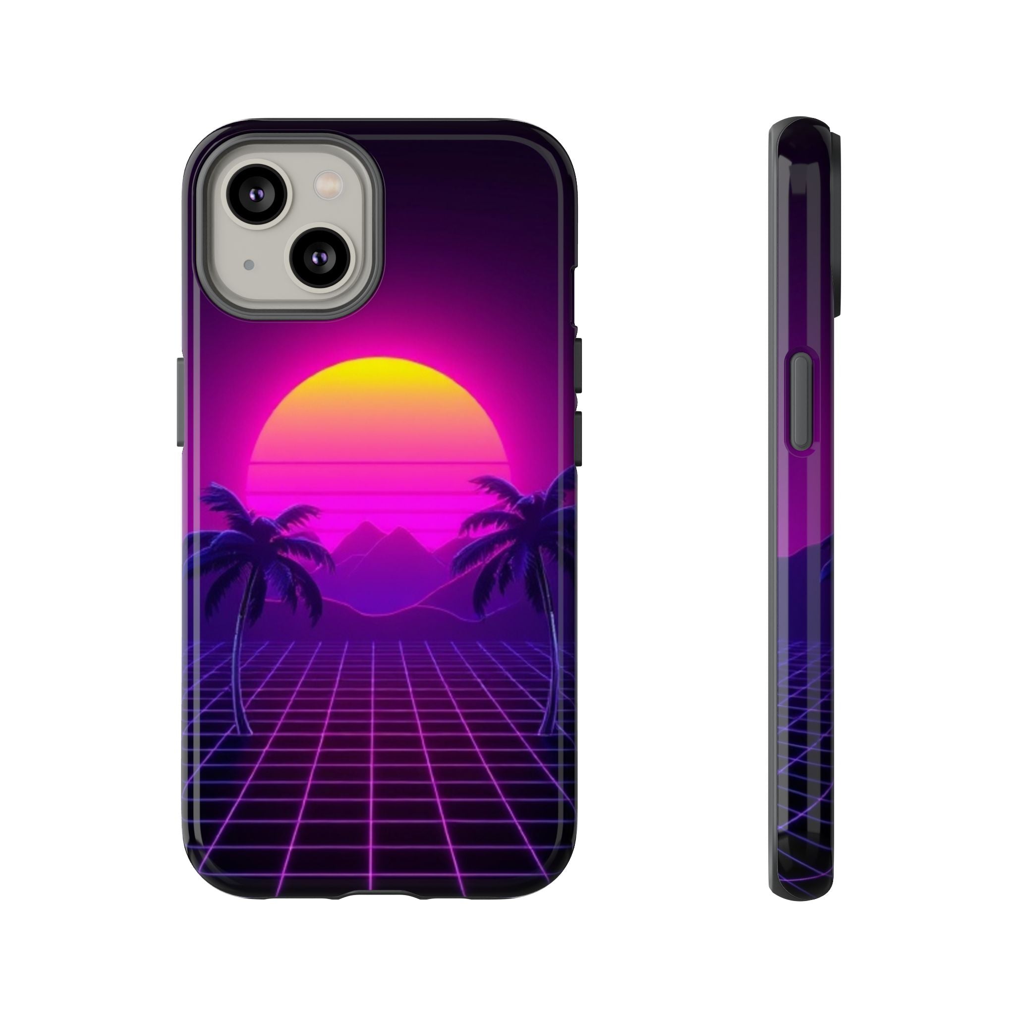 Android OR iPhone Compatible Cases - 80's Digital Grid Sunset Design - Unique Tough Cases