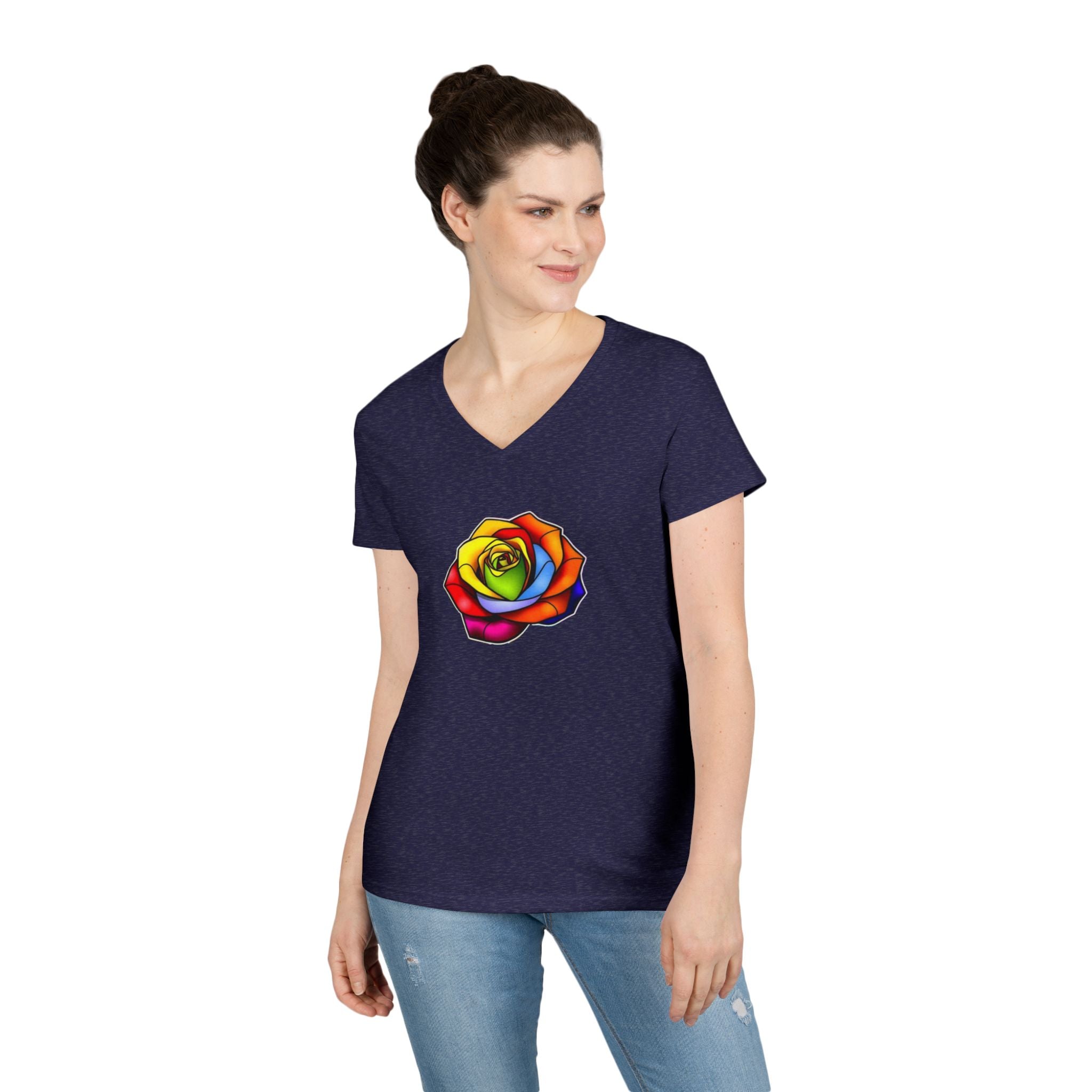 Rainbow Rose Ladies' V-Neck T-Shirt - Colorful Floral Design