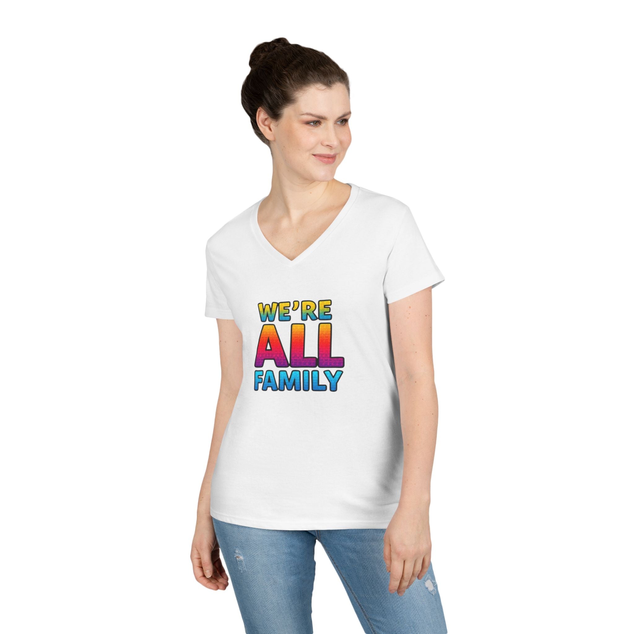 Ladies' V-Neck T-Shirt - "We're All Family" Pride Tee