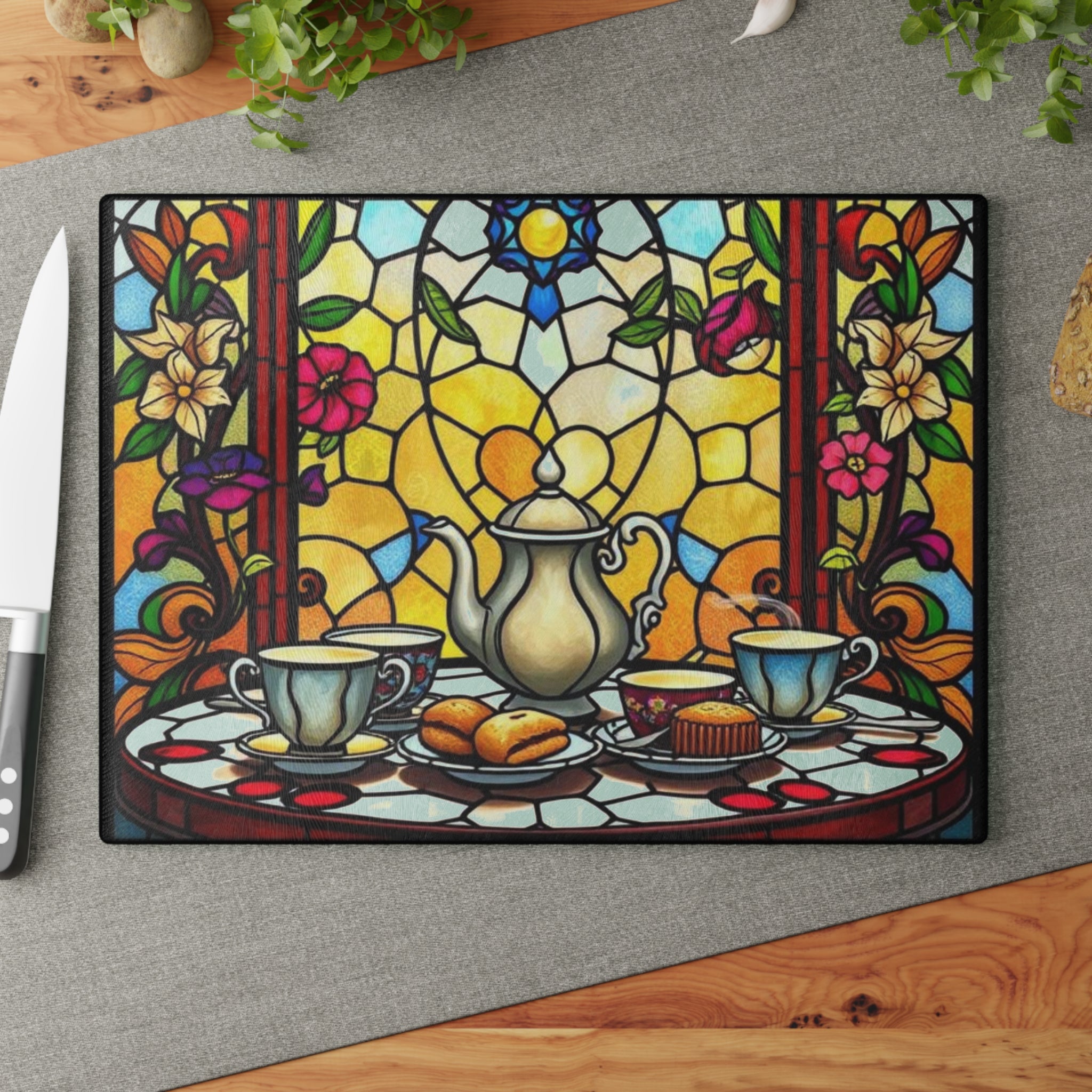 Artistic Stained Glass Cutting Board - Elegant Kitchen Decor for Tea Lovers