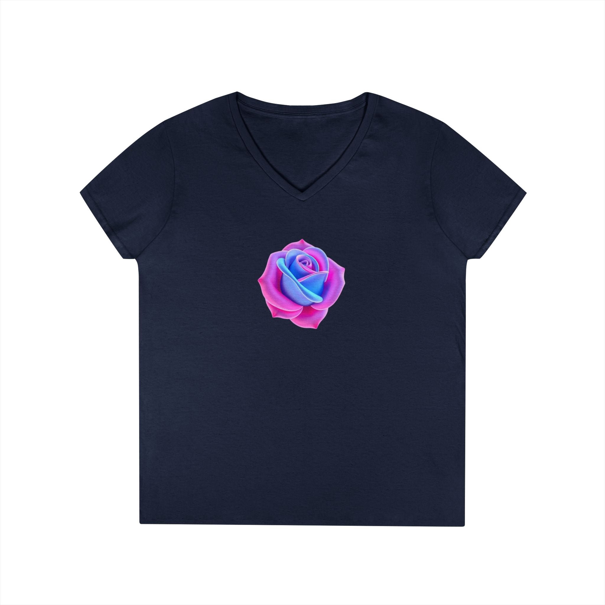 Ladies' V-Neck T-Shirt with Vibrant Trans Colors Rose Design - Perfect for Casual Wear and Gifts