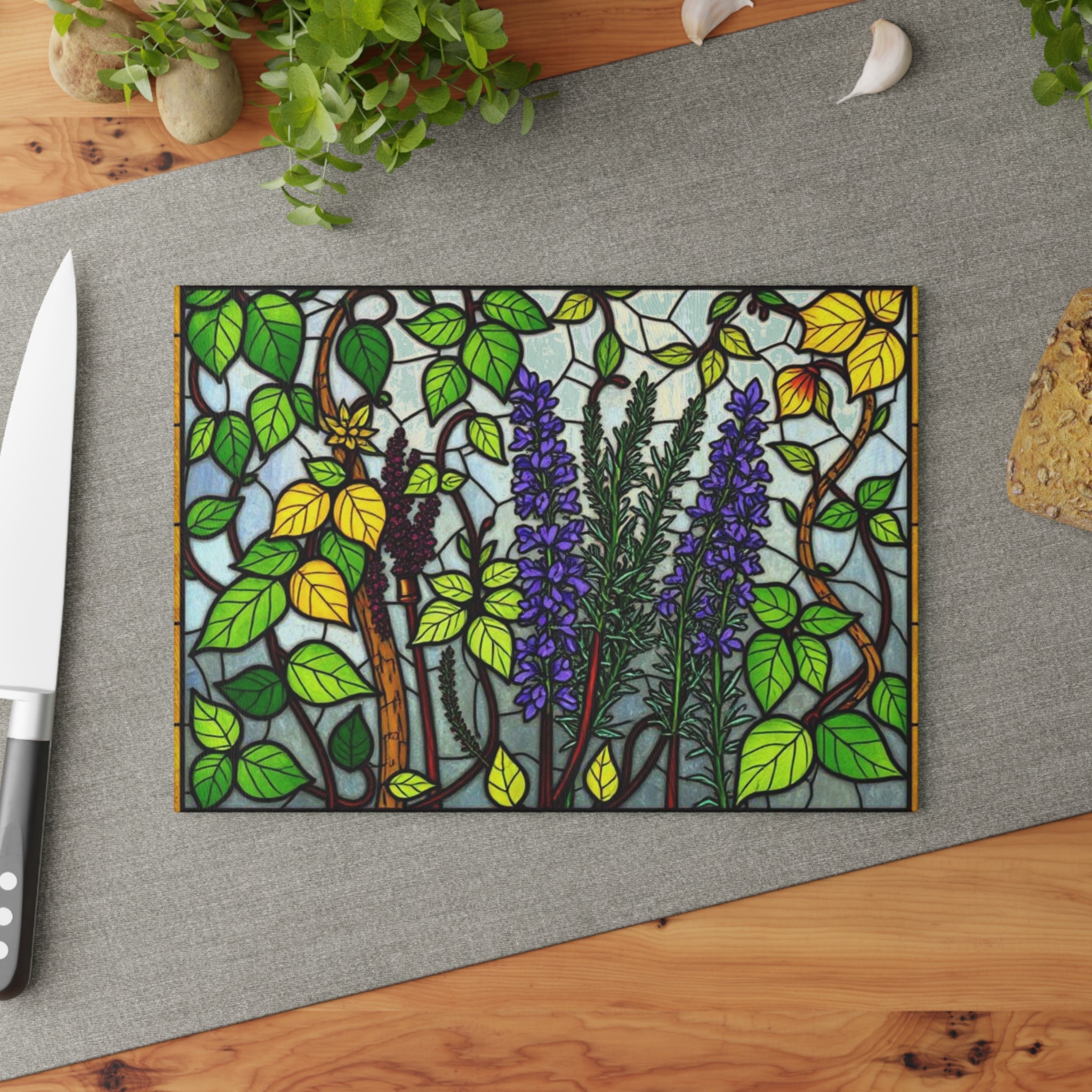 Botanical Stained Glass Cutting Board - Colorful Kitchen Decor for Nature Lovers