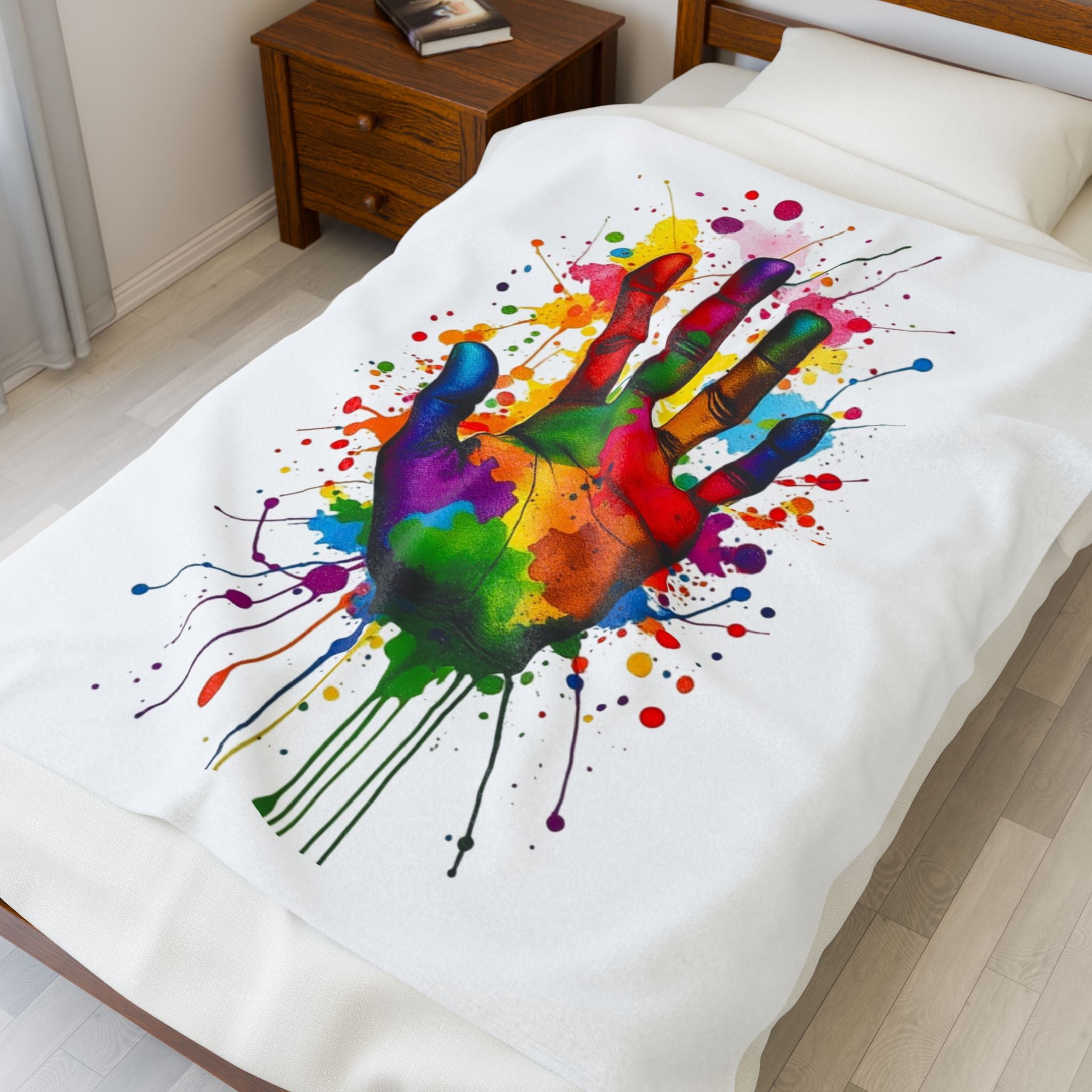 Rainbow Splash Handprint White Background Velveteen Plush Blanket – For Comfort and Warmth