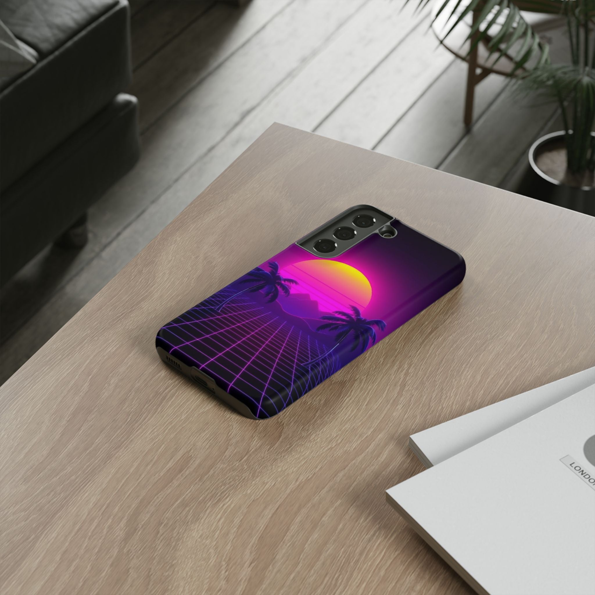 Android OR iPhone Compatible Cases - 80's Digital Grid Sunset Design - Unique Tough Cases
