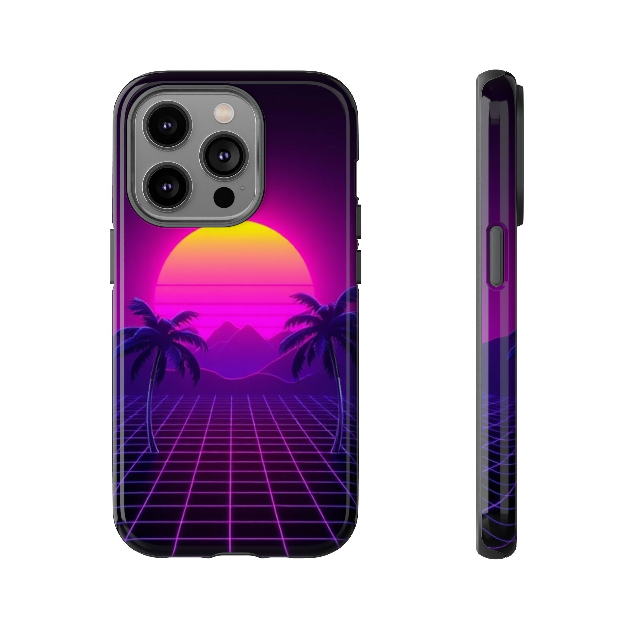 Android OR iPhone Compatible Cases - 80's Digital Grid Sunset Design - Unique Tough Cases