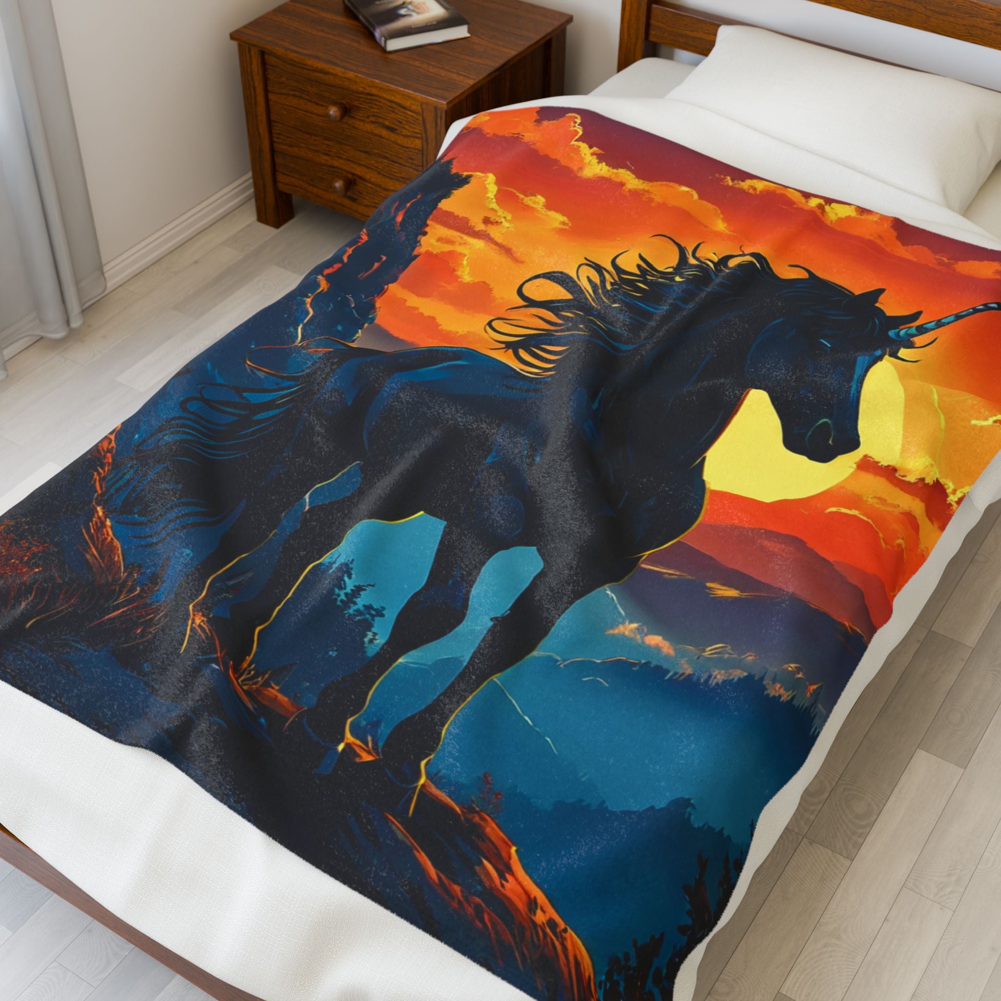 Mystical Black Unicorn Velveteen Plush Blanket