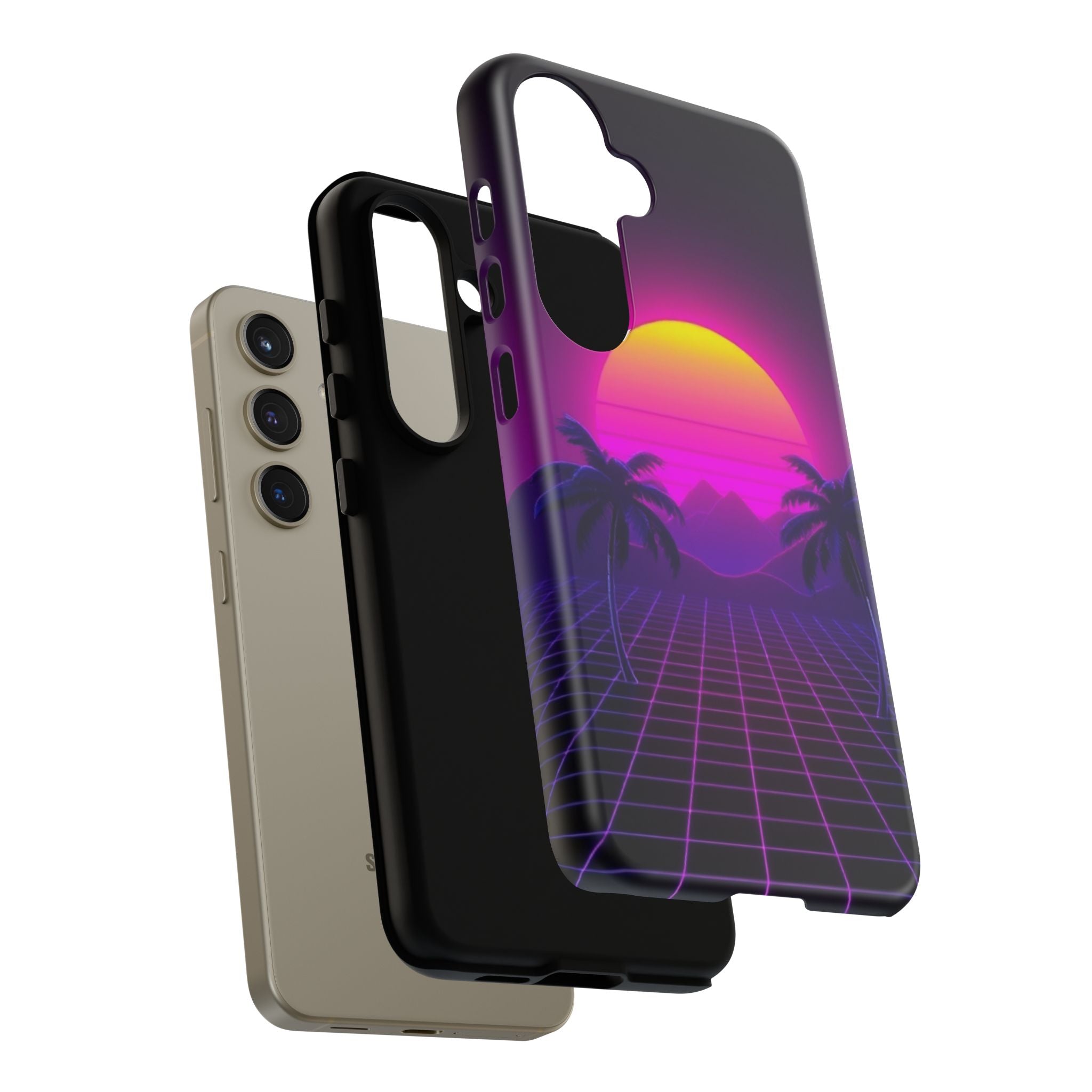 Android OR iPhone Compatible Cases - 80's Digital Grid Sunset Design - Unique Tough Cases