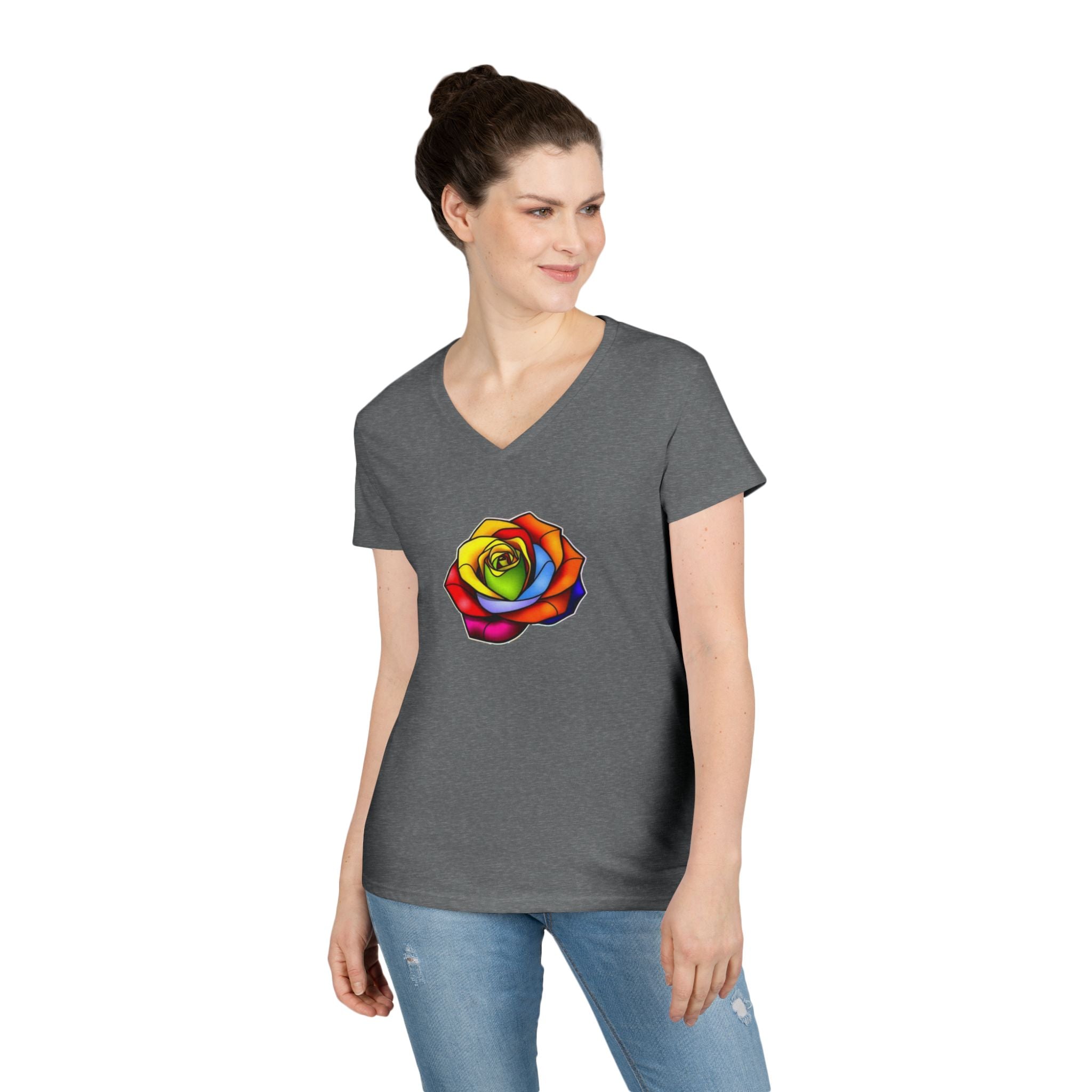 Rainbow Rose Ladies' V-Neck T-Shirt - Colorful Floral Design