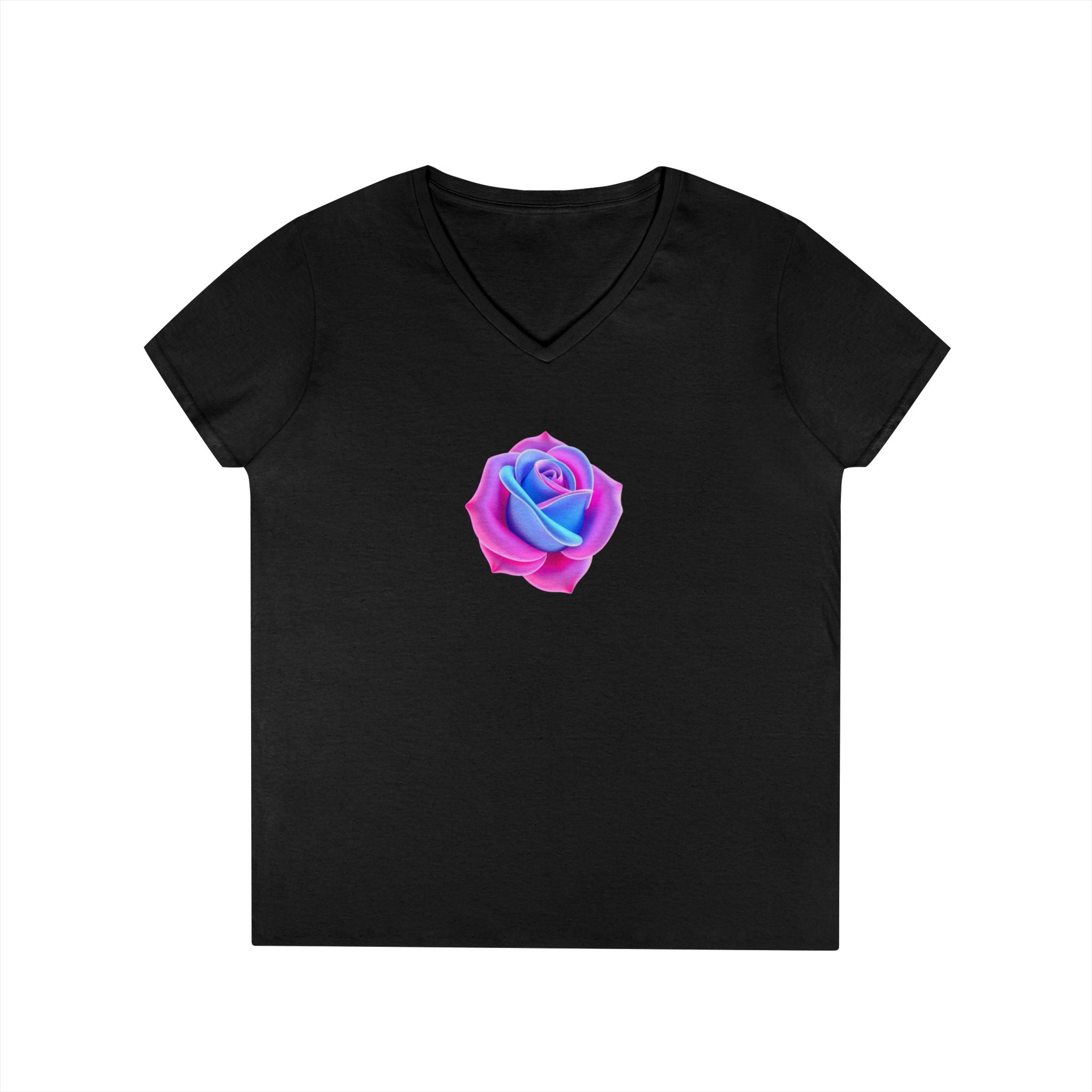 Ladies' V-Neck T-Shirt with Vibrant Trans Colors Rose Design - Perfect for Casual Wear and Gifts
