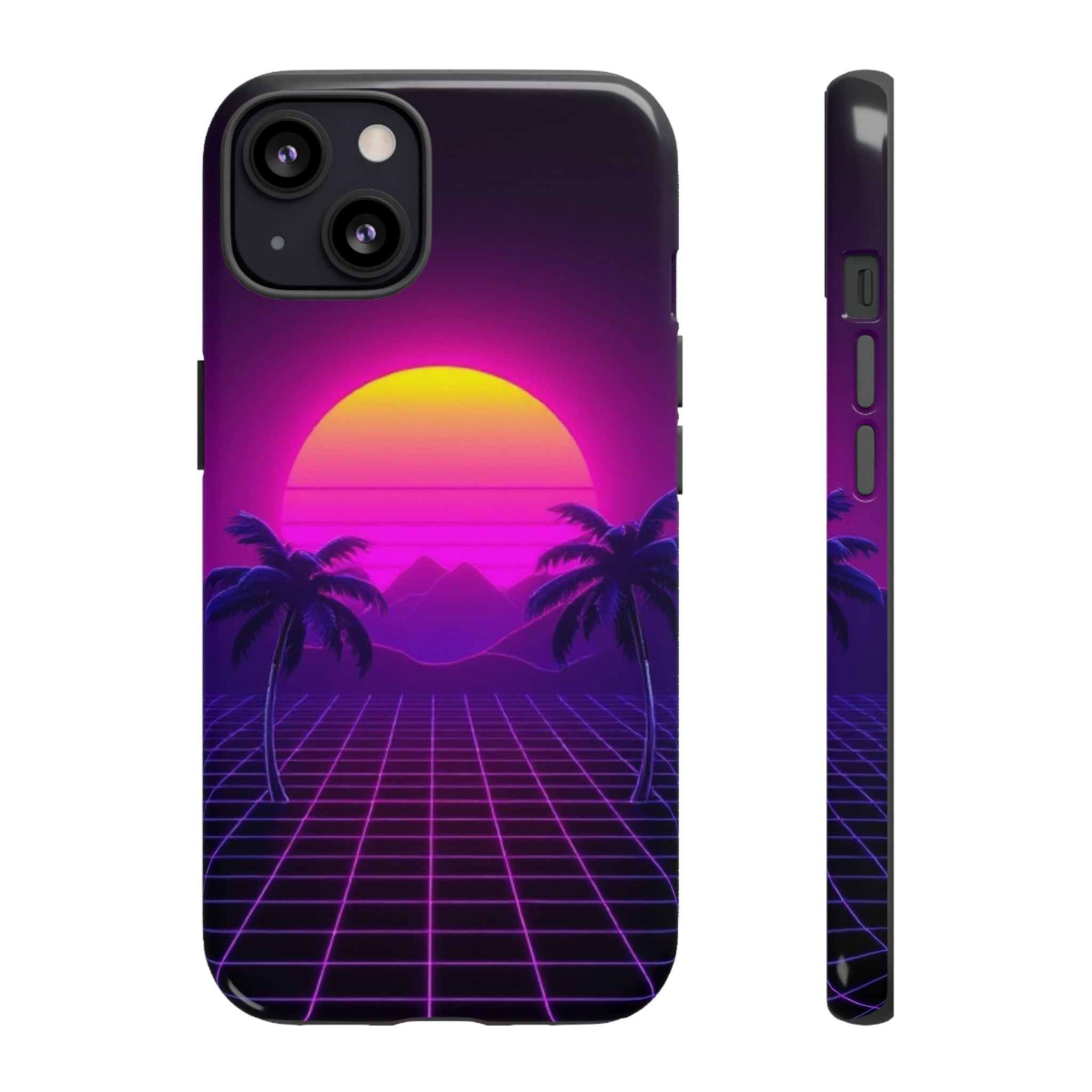 Android OR iPhone Compatible Cases - 80's Digital Grid Sunset Design - Unique Tough Cases