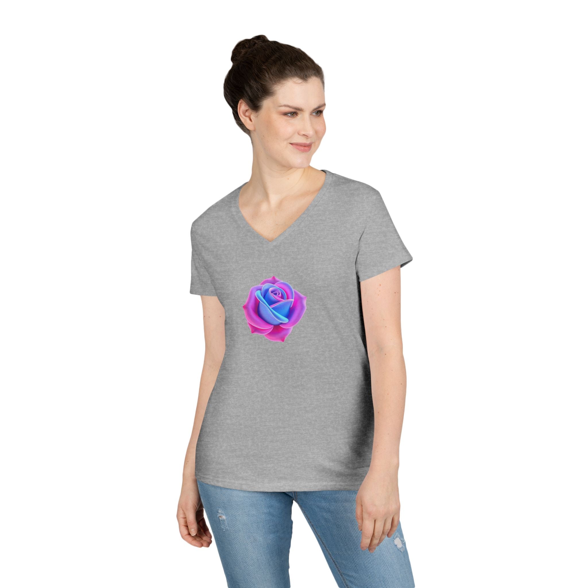 Ladies' V-Neck T-Shirt with Vibrant Trans Colors Rose Design - Perfect for Casual Wear and Gifts