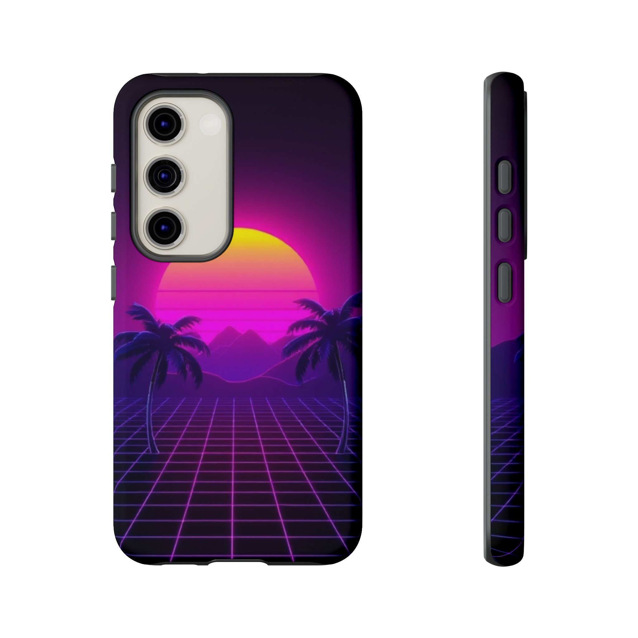 Android OR iPhone Compatible Cases - 80's Digital Grid Sunset Design - Unique Tough Cases