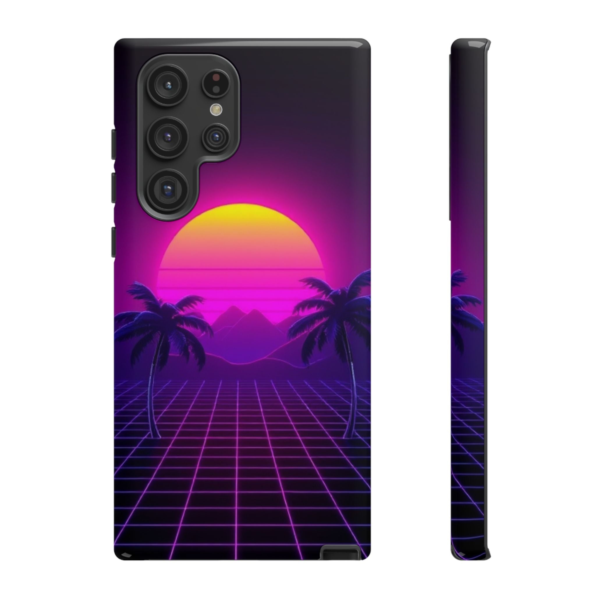Android OR iPhone Compatible Cases - 80's Digital Grid Sunset Design - Unique Tough Cases