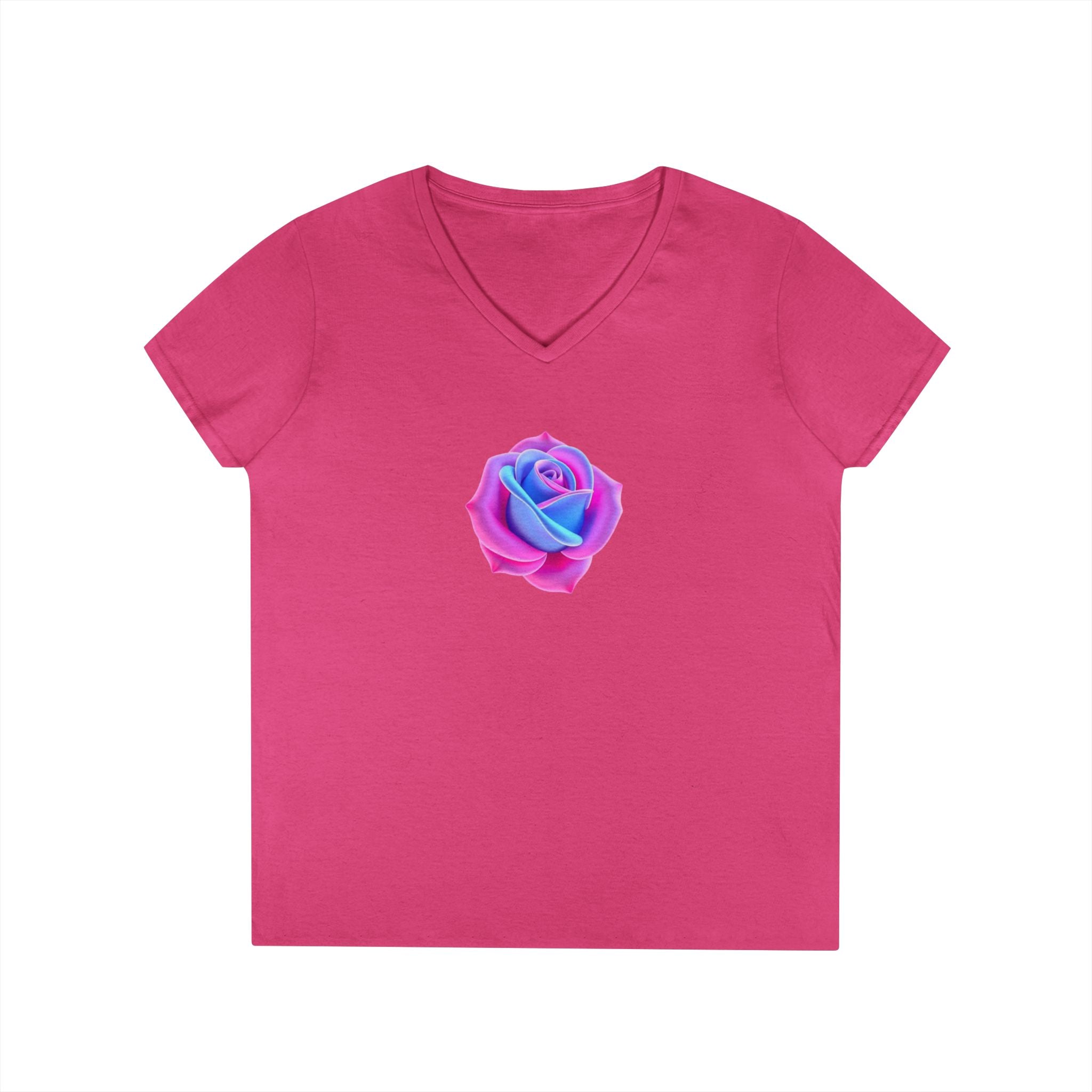 Ladies' V-Neck T-Shirt with Vibrant Trans Colors Rose Design - Perfect for Casual Wear and Gifts