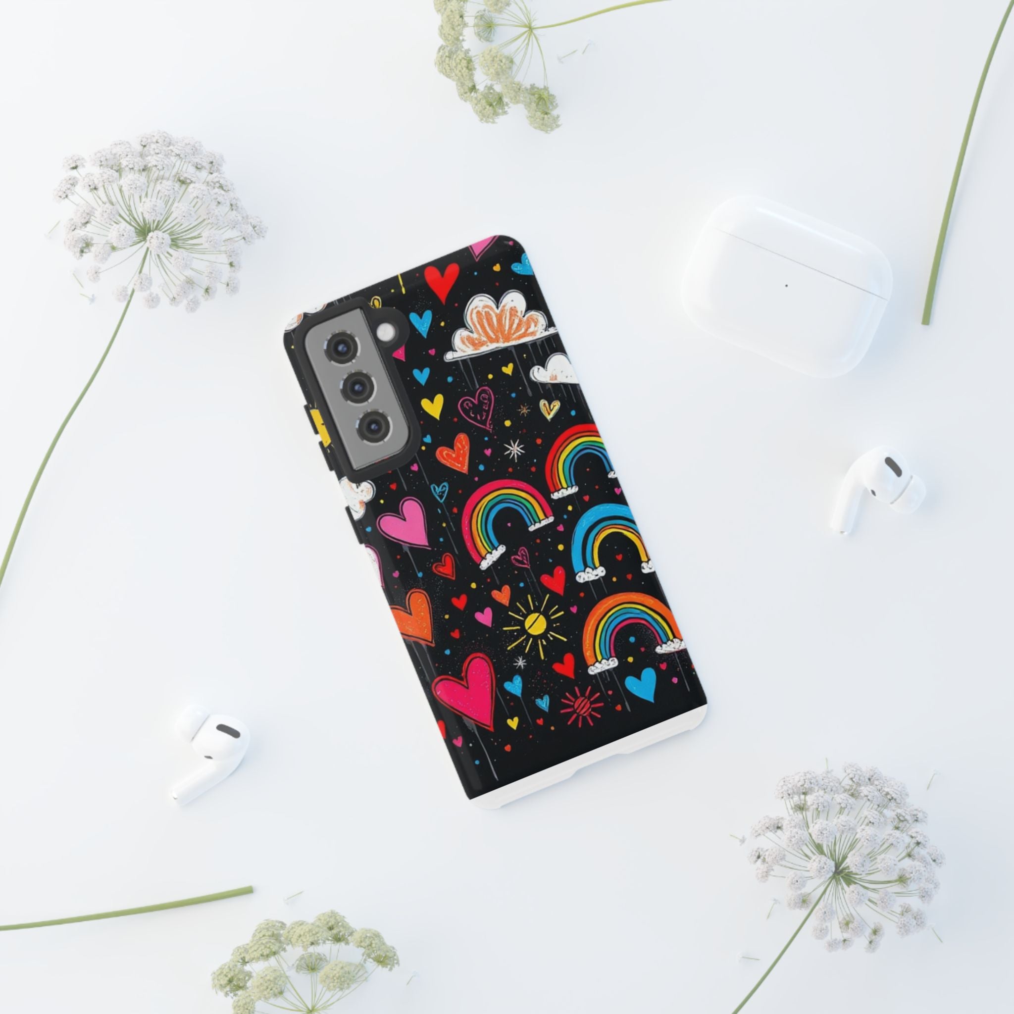 Android OR iPhone Compatible Cases - Doodle Hearts and Rainbows Design