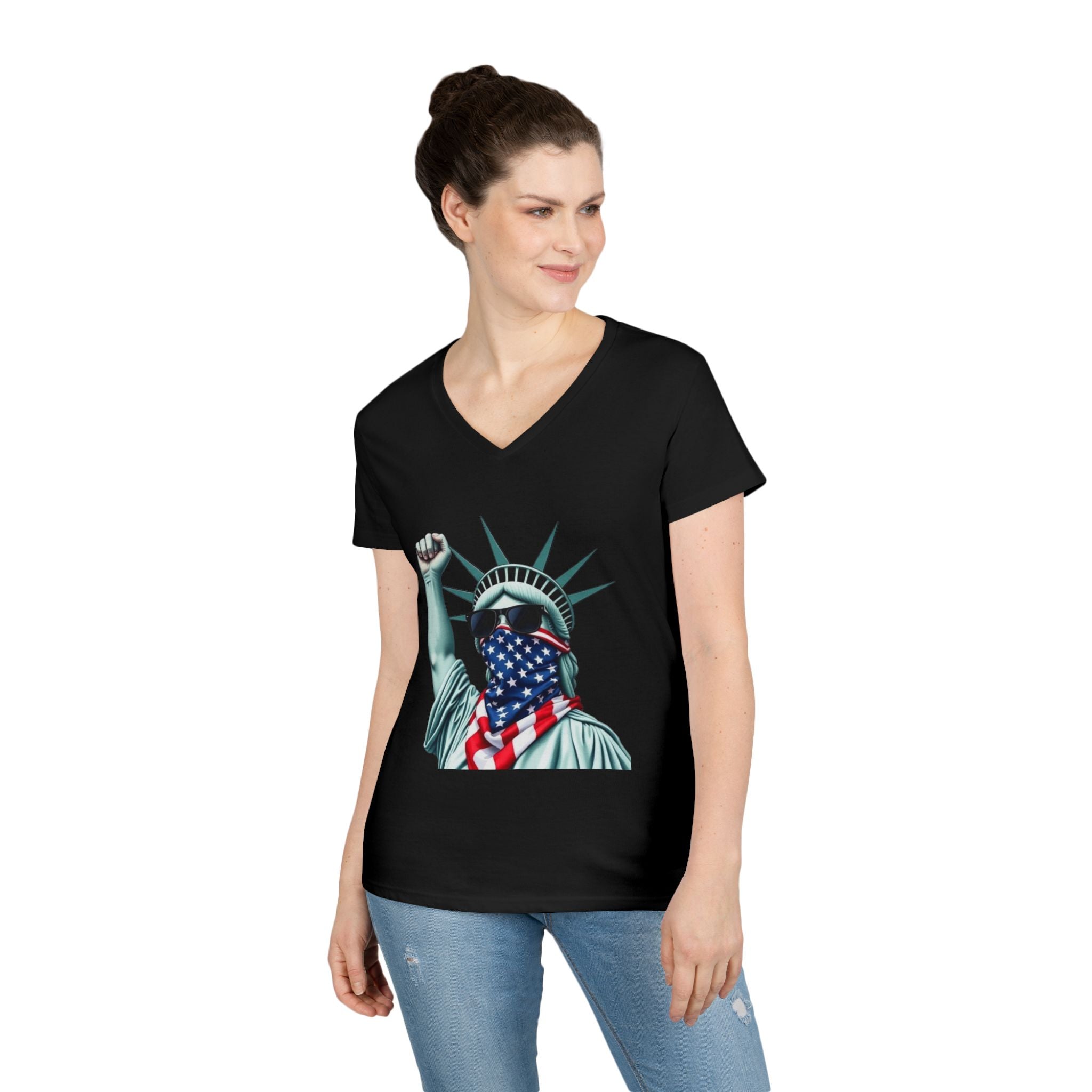 Patriotic Ladies' V-Neck T-Shirt - Resist Statue of Liberty Design
