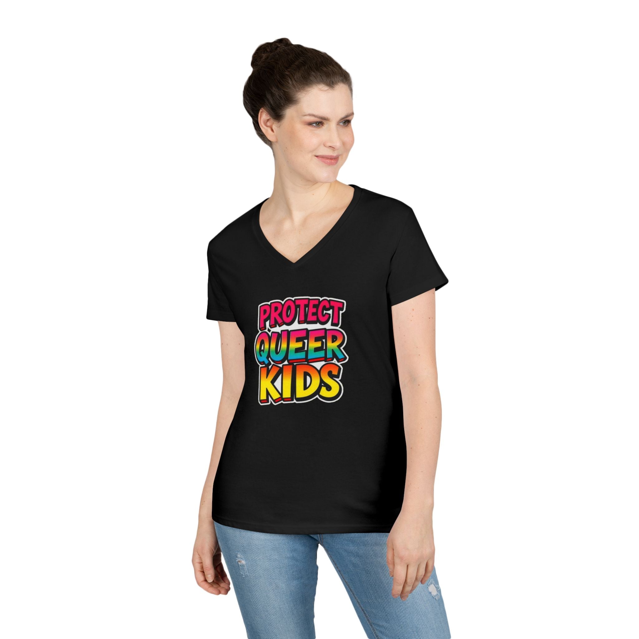 V-Neck T-Shirt: 'Protect Queer Kids' Design