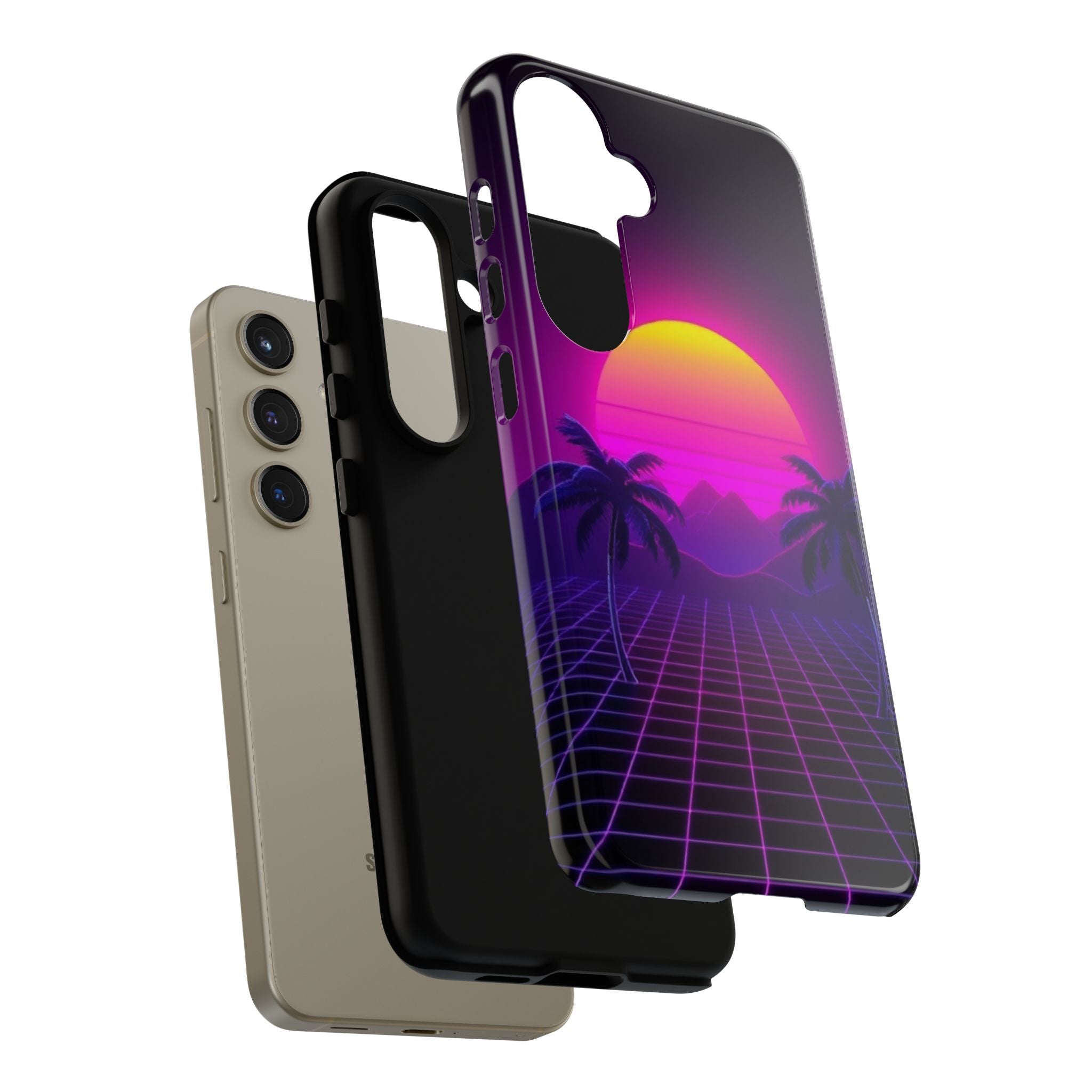 Android OR iPhone Compatible Cases - 80's Digital Grid Sunset Design - Unique Tough Cases