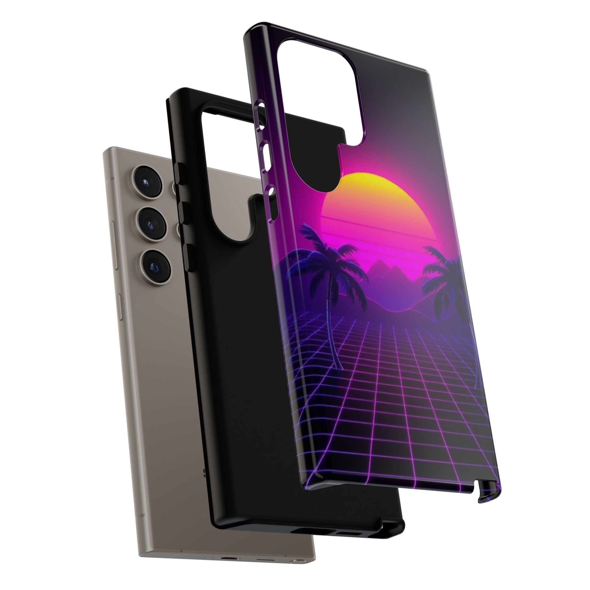 Android OR iPhone Compatible Cases - 80's Digital Grid Sunset Design - Unique Tough Cases