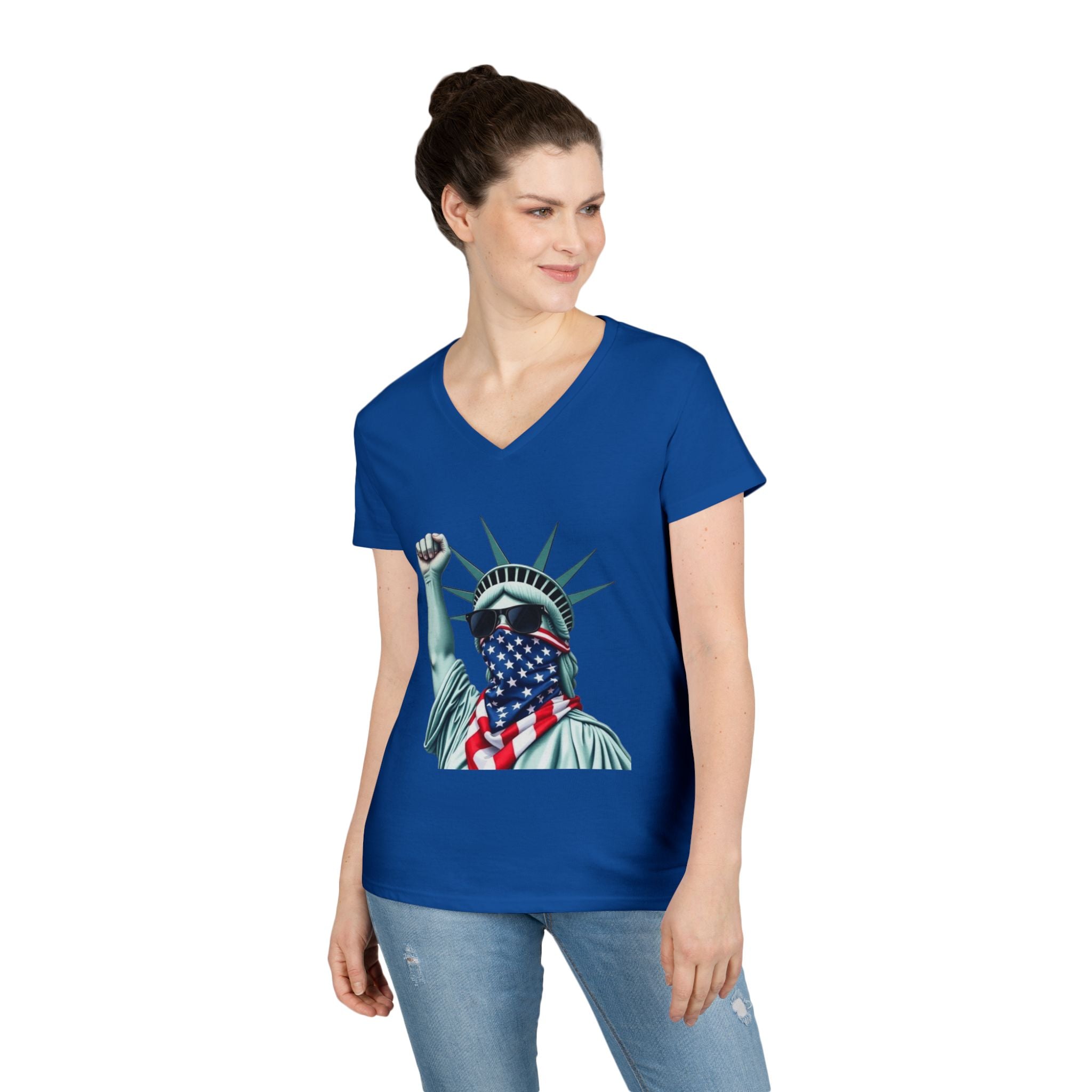 Patriotic Ladies' V-Neck T-Shirt - Resist Statue of Liberty Design