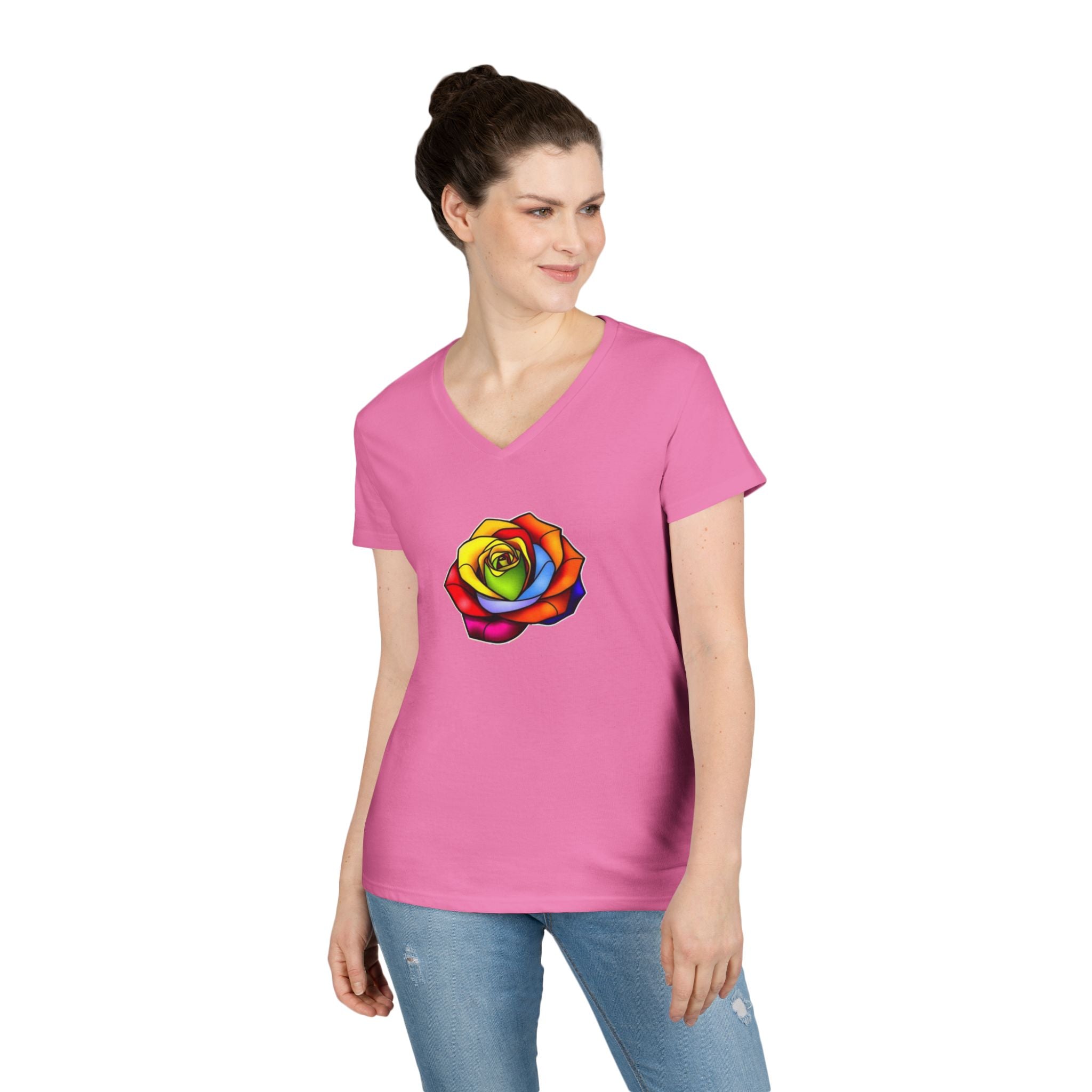 Rainbow Rose Ladies' V-Neck T-Shirt - Colorful Floral Design
