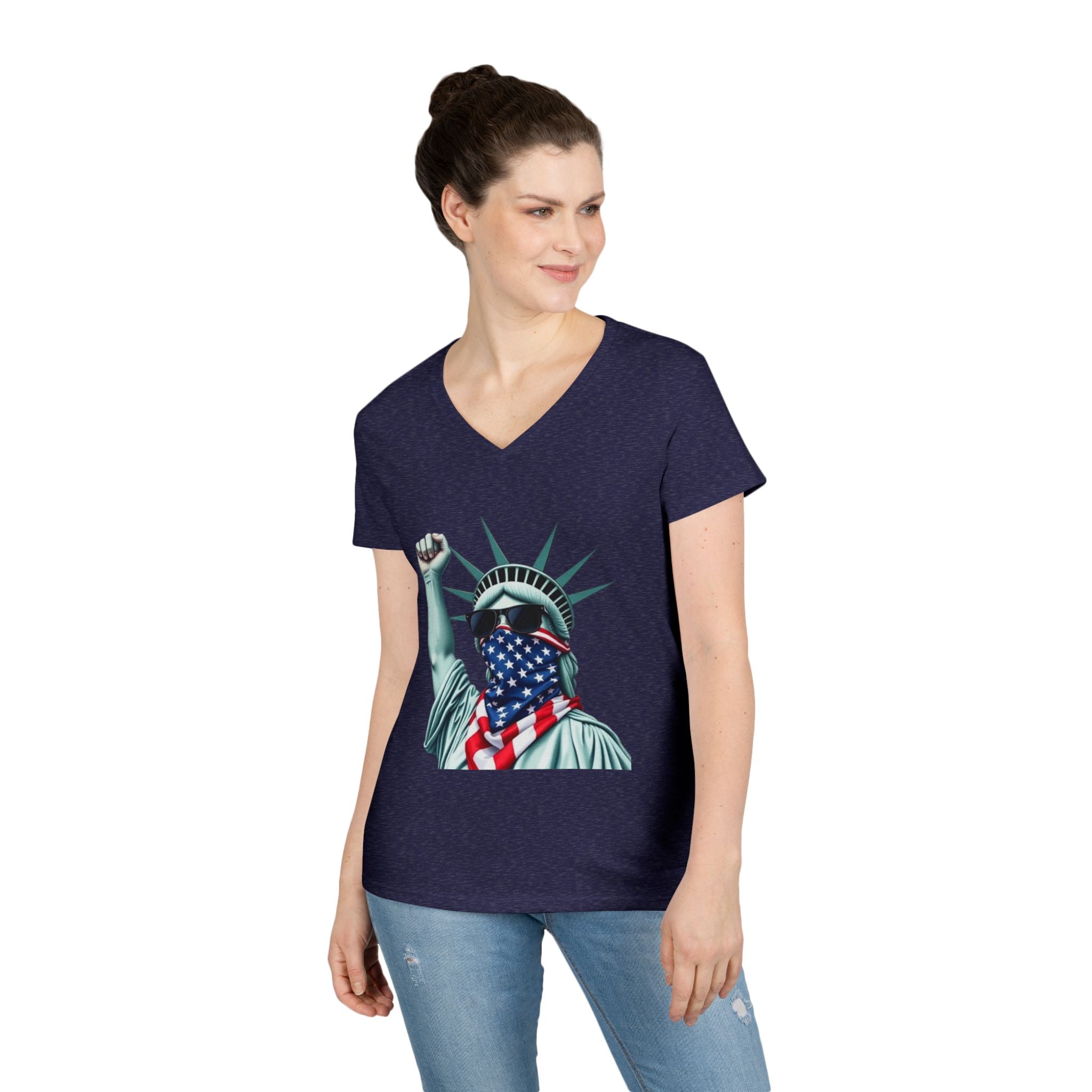 Patriotic Ladies' V-Neck T-Shirt - Resist Statue of Liberty Design
