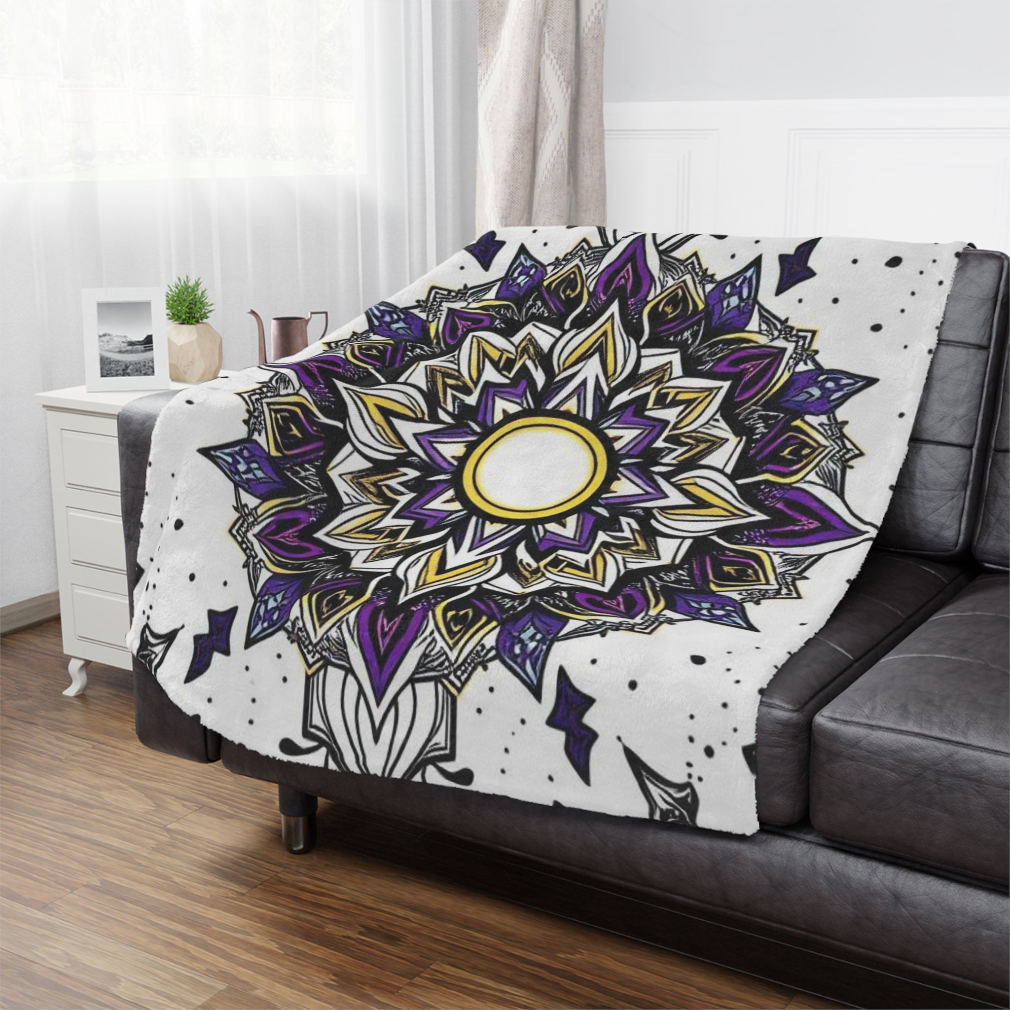 Purple, Black, Yellow and White Mandala Microfiber Blanket