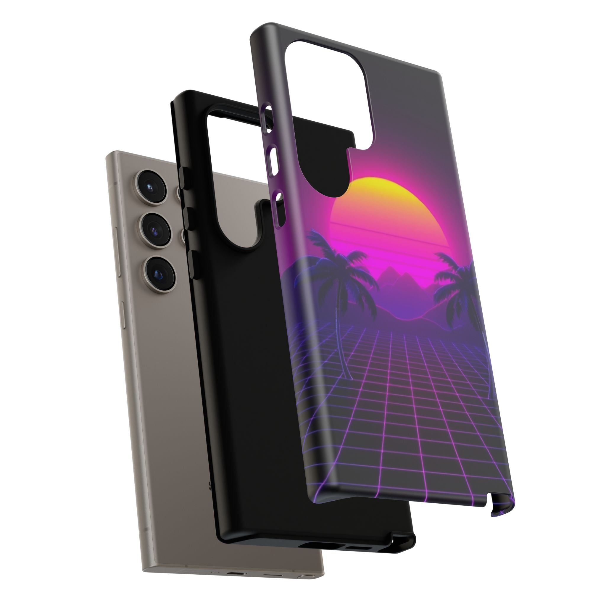 Android OR iPhone Compatible Cases - 80's Digital Grid Sunset Design - Unique Tough Cases