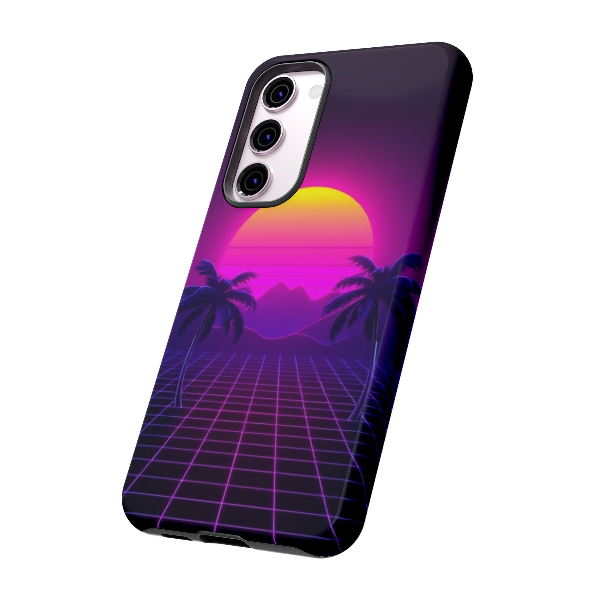 Android OR iPhone Compatible Cases - 80's Digital Grid Sunset Design - Unique Tough Cases
