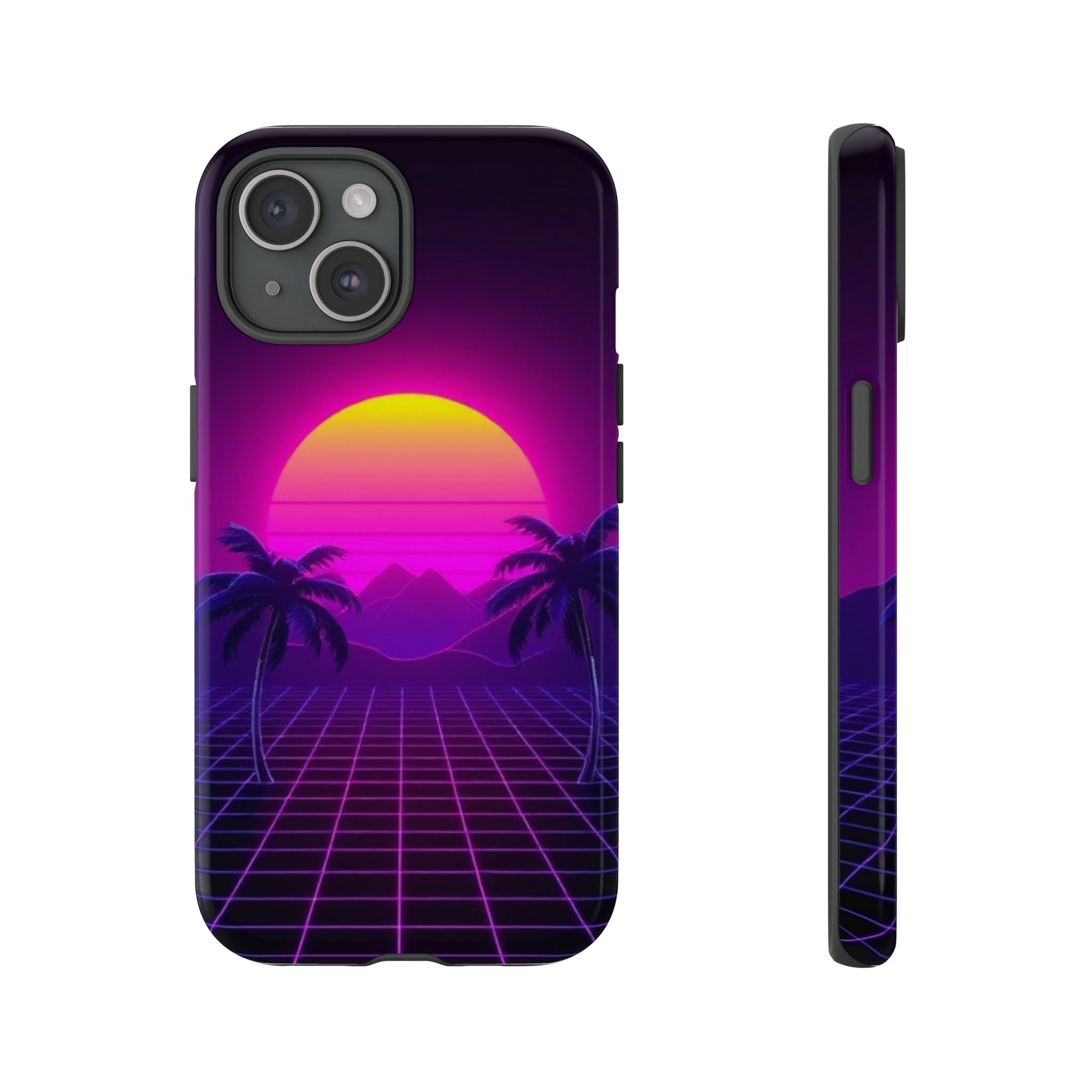 Android OR iPhone Compatible Cases - 80's Digital Grid Sunset Design - Unique Tough Cases
