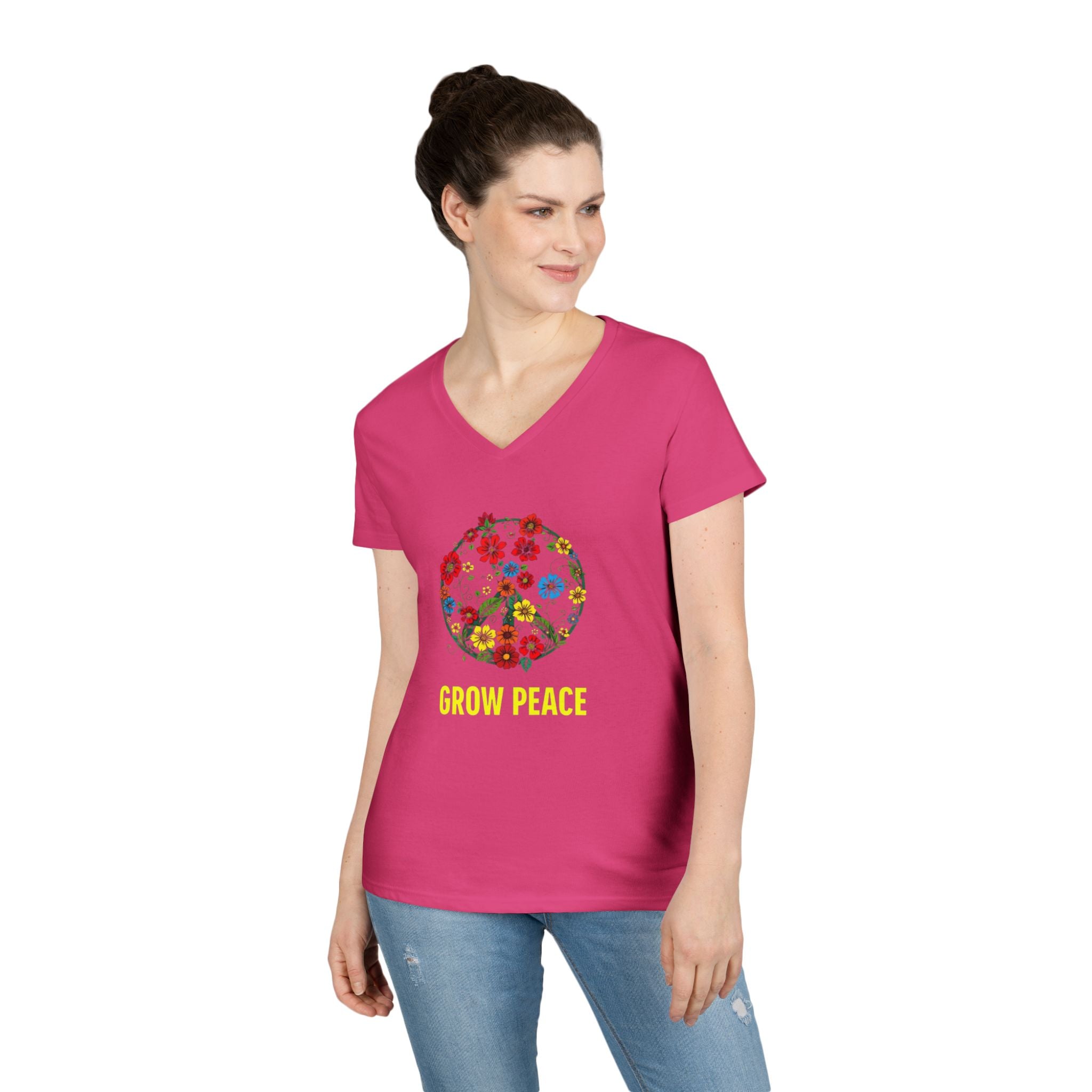 Ladies' V-Neck T-Shirt - "Grow Peace" Floral Design