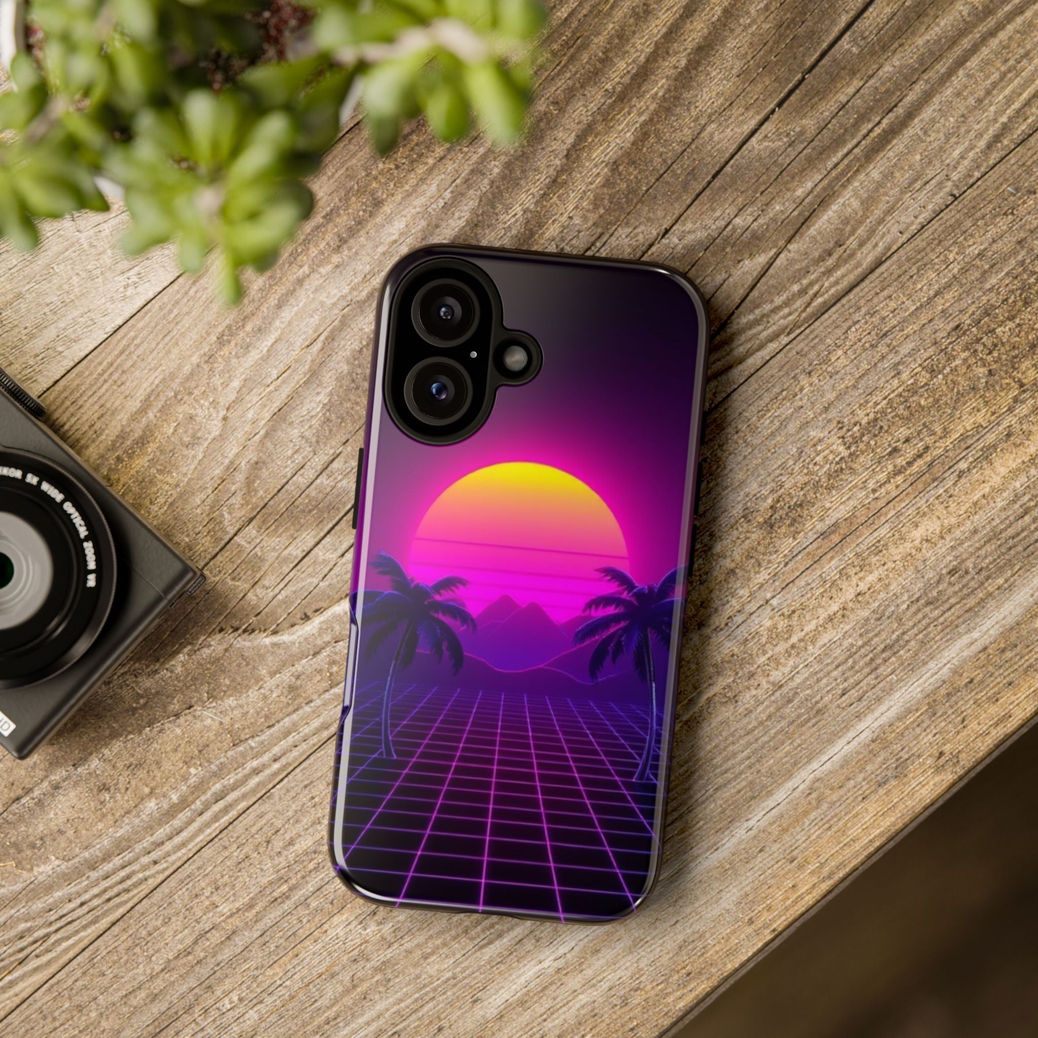 Android OR iPhone Compatible Cases - 80's Digital Grid Sunset Design - Unique Tough Cases