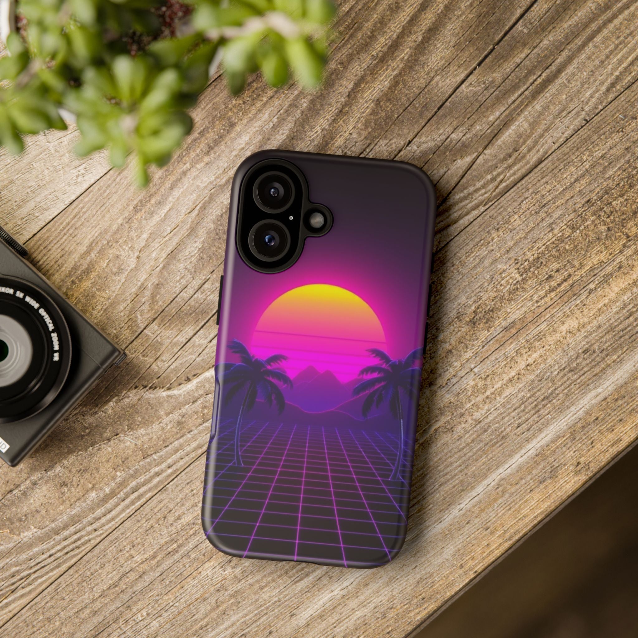 Android OR iPhone Compatible Cases - 80's Digital Grid Sunset Design - Unique Tough Cases