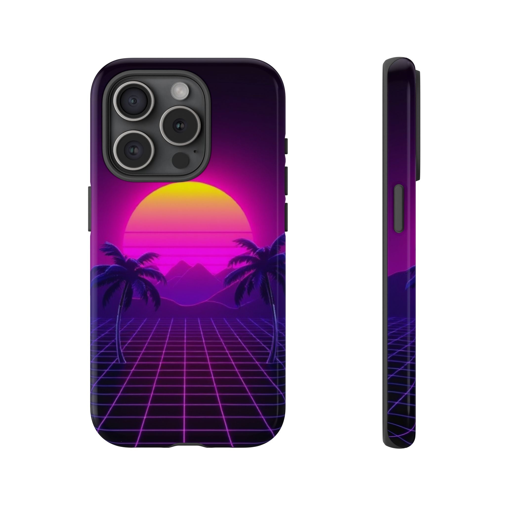 Android OR iPhone Compatible Cases - 80's Digital Grid Sunset Design - Unique Tough Cases