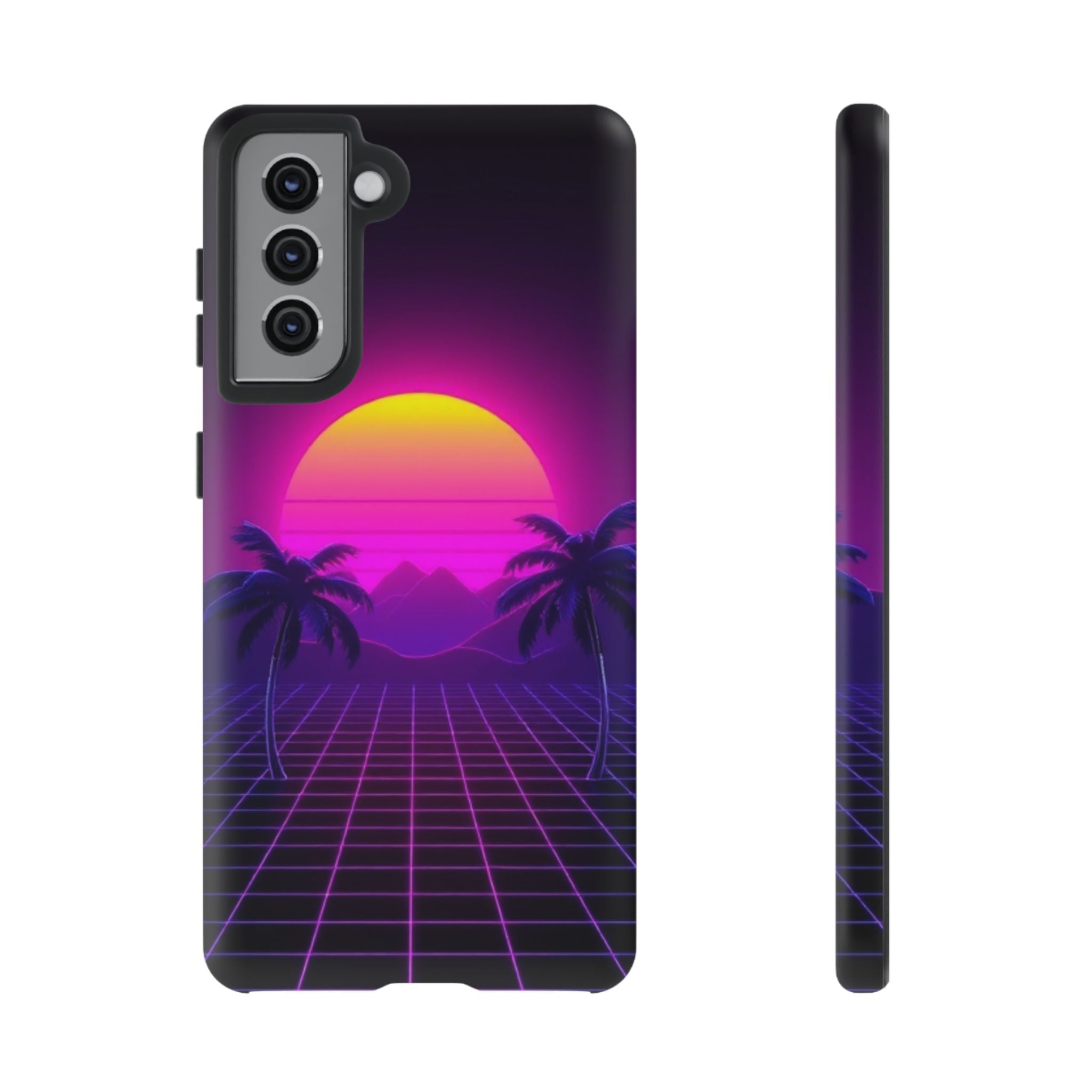 Android OR iPhone Compatible Cases - 80's Digital Grid Sunset Design - Unique Tough Cases