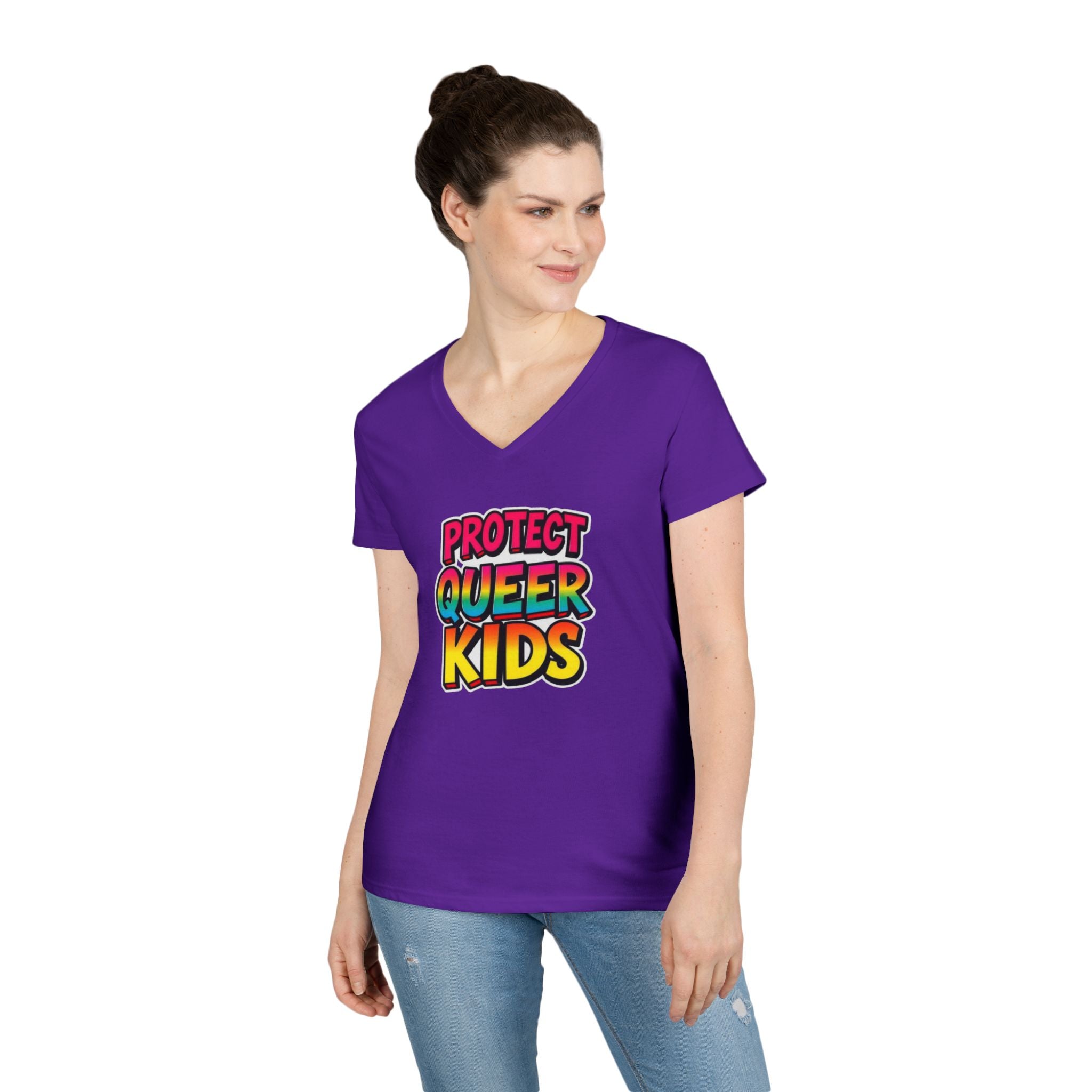 V-Neck T-Shirt: 'Protect Queer Kids' Design