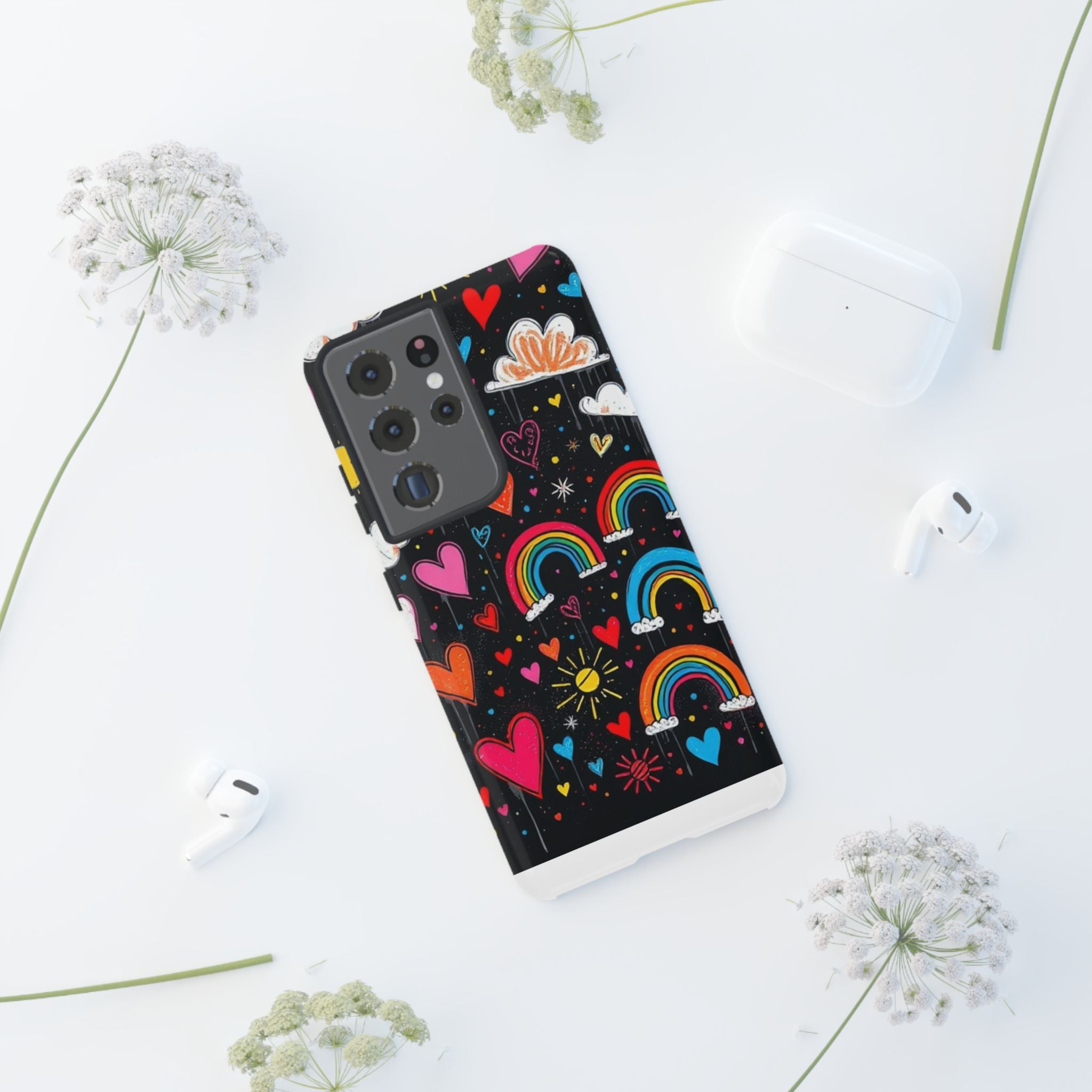 Android OR iPhone Compatible Cases - Doodle Hearts and Rainbows Design