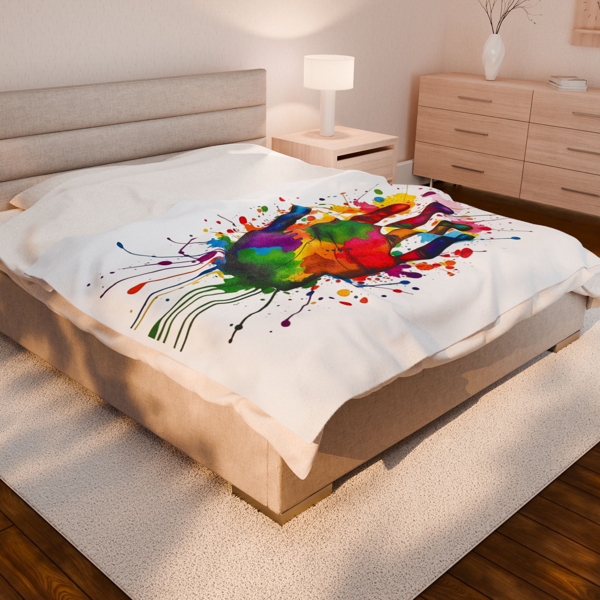 Rainbow Splash Handprint White Background Velveteen Plush Blanket – For Comfort and Warmth
